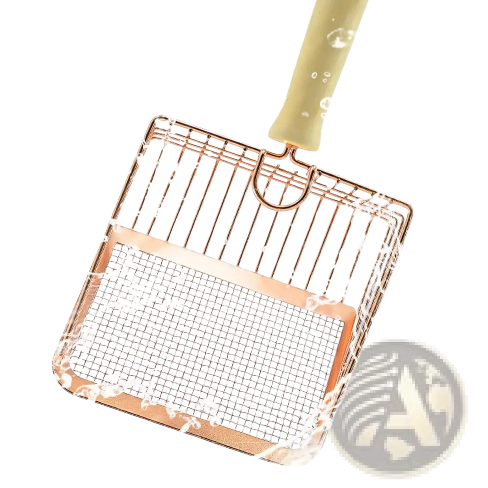 Rose gold metal cat litter scoop with mesh grill basket and light green wood handle for easy cleaning