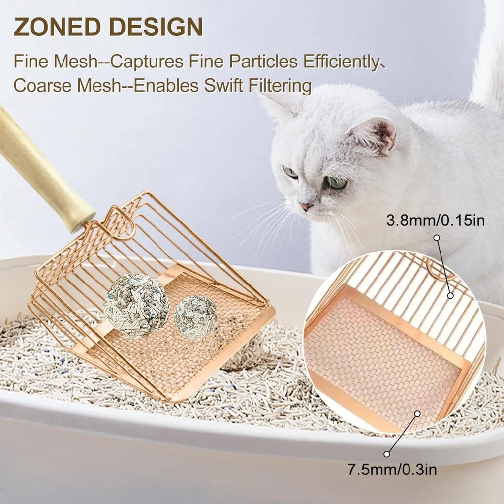 Rose gold metal cat litter scoop with wood handle and dual mesh design for efficient particle capture