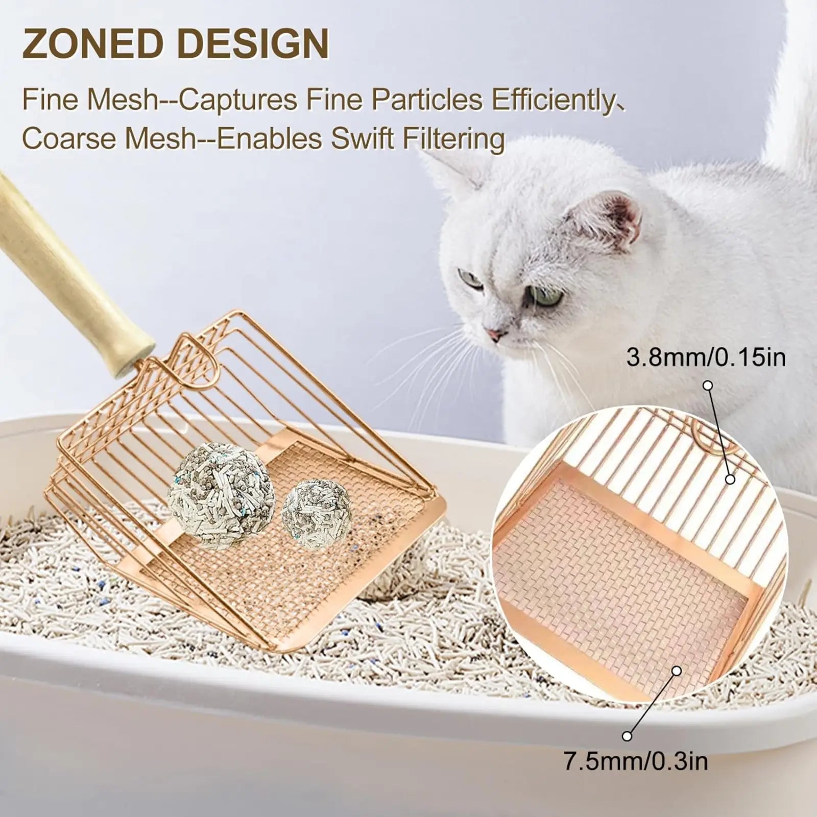 Rose gold metal cat litter scoop with wood handle and dual mesh design for efficient particle capture