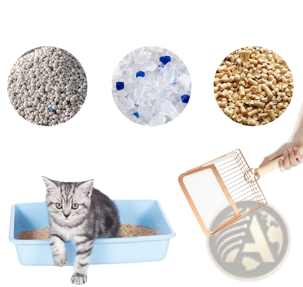 Rose gold metal cat litter scoop with wood handle featuring a gold-toned metal scoop and ergonomic wooden grip
