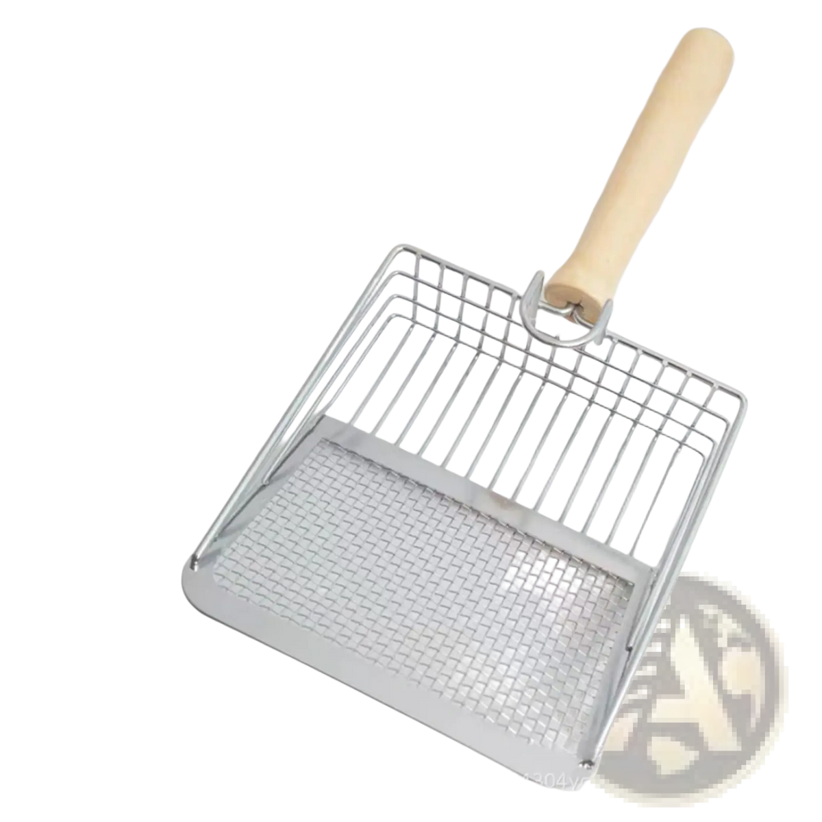 Silver metal grill brush with light wood handle shown alongside rose gold metal cat litter scoop with wood handle