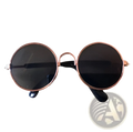 Rose gold metal round cat sunglasses with mirrored dark lenses and black temple tips in a modern design