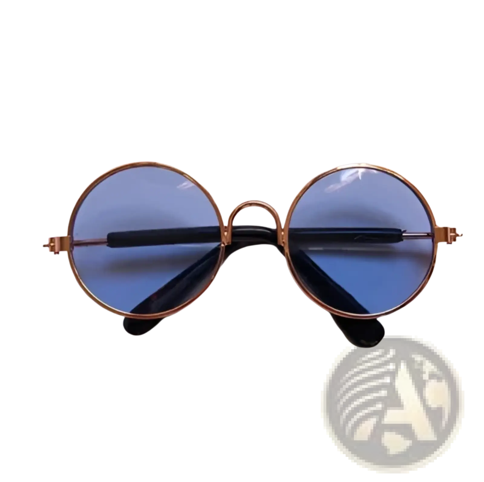 Rose gold metal round cat sunglasses with blue-tinted mirrored lenses and black temple arms displayed front view