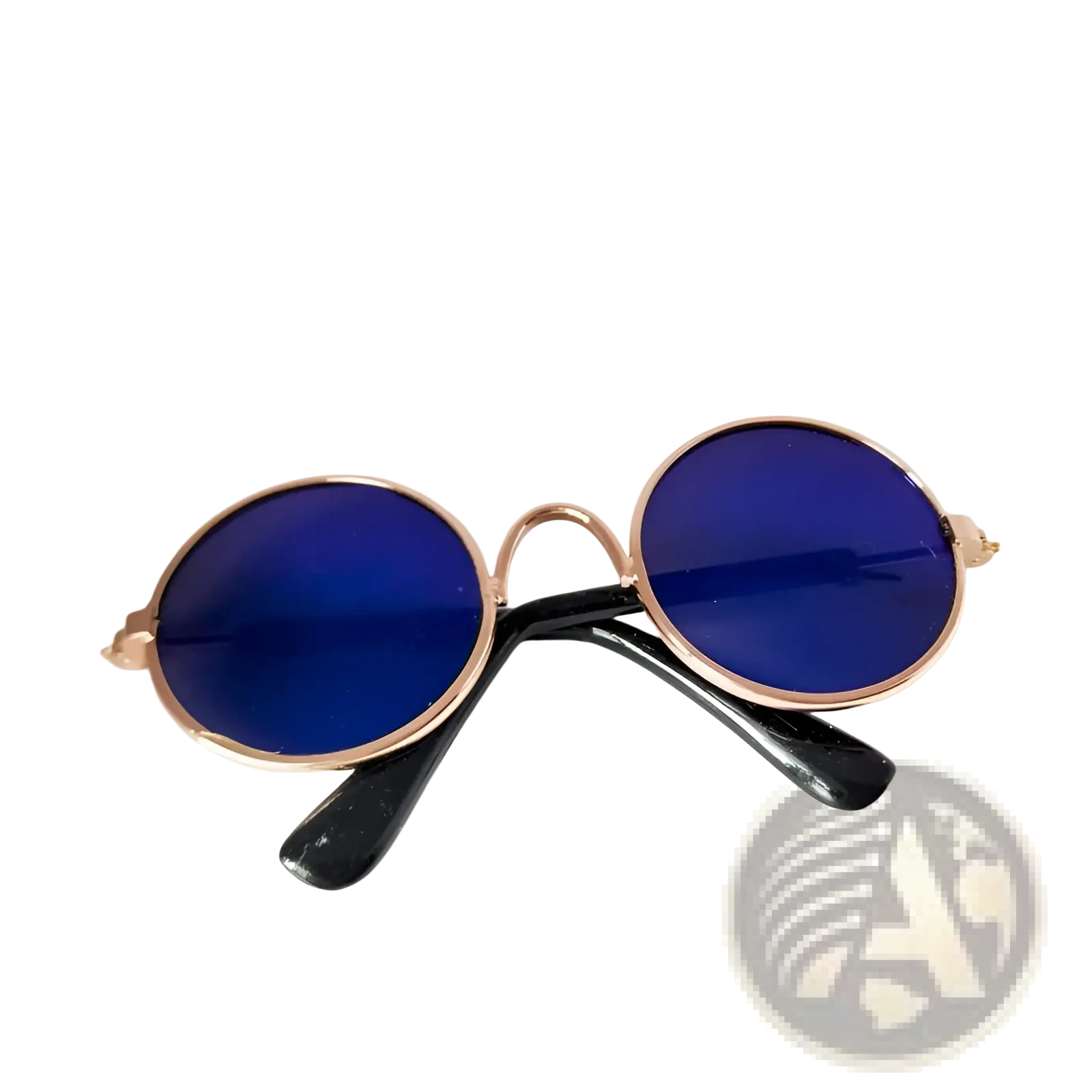 Rose gold metal round cat sunglasses with deep blue mirrored lenses and black temple arms displayed front view