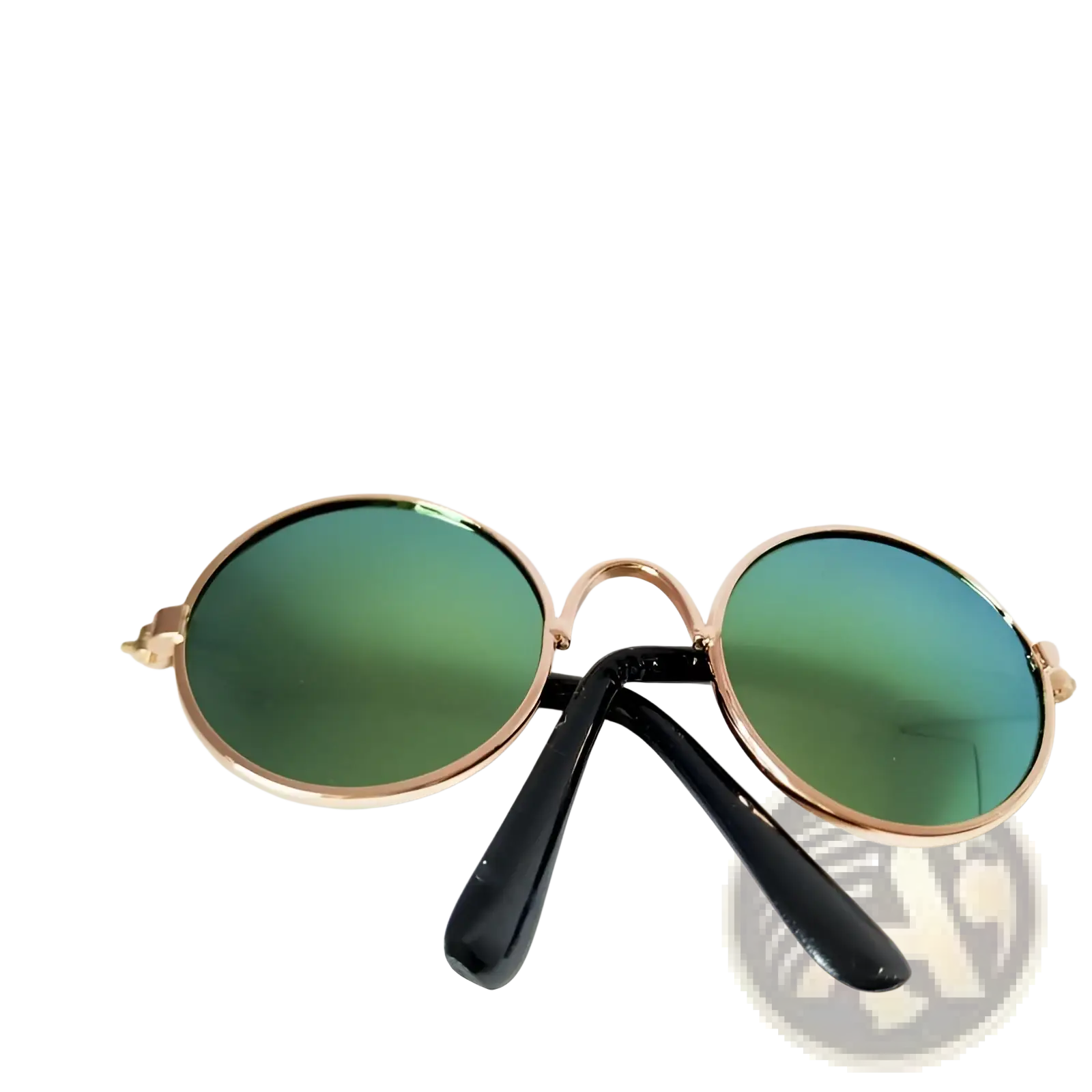 Rose gold metal round cat sunglasses with gradient green mirrored lenses and black temple arms