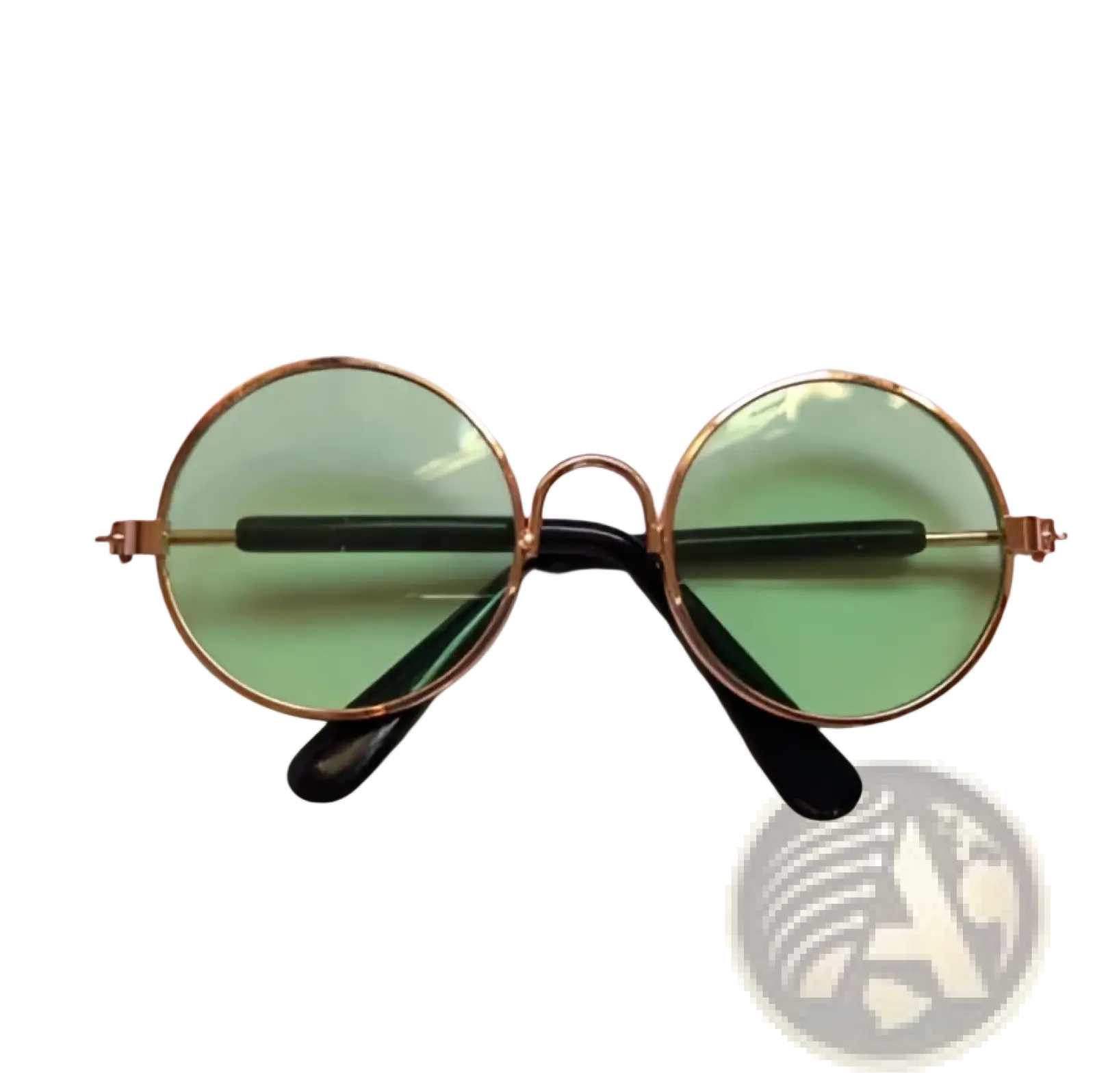 Rose gold metal round cat sunglasses with green tinted mirrored lenses and black temple arms in front view