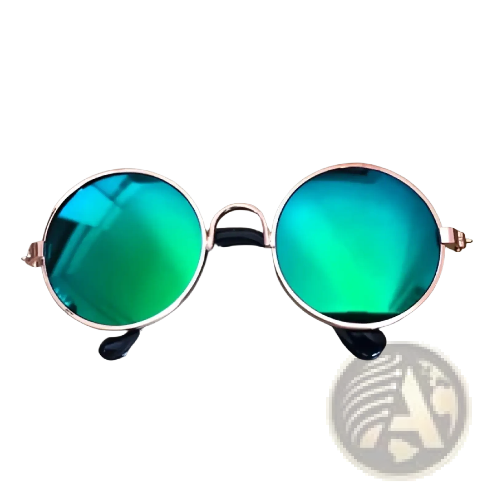 Rose gold metal round cat sunglasses with vibrant green mirrored lenses and reflective coating