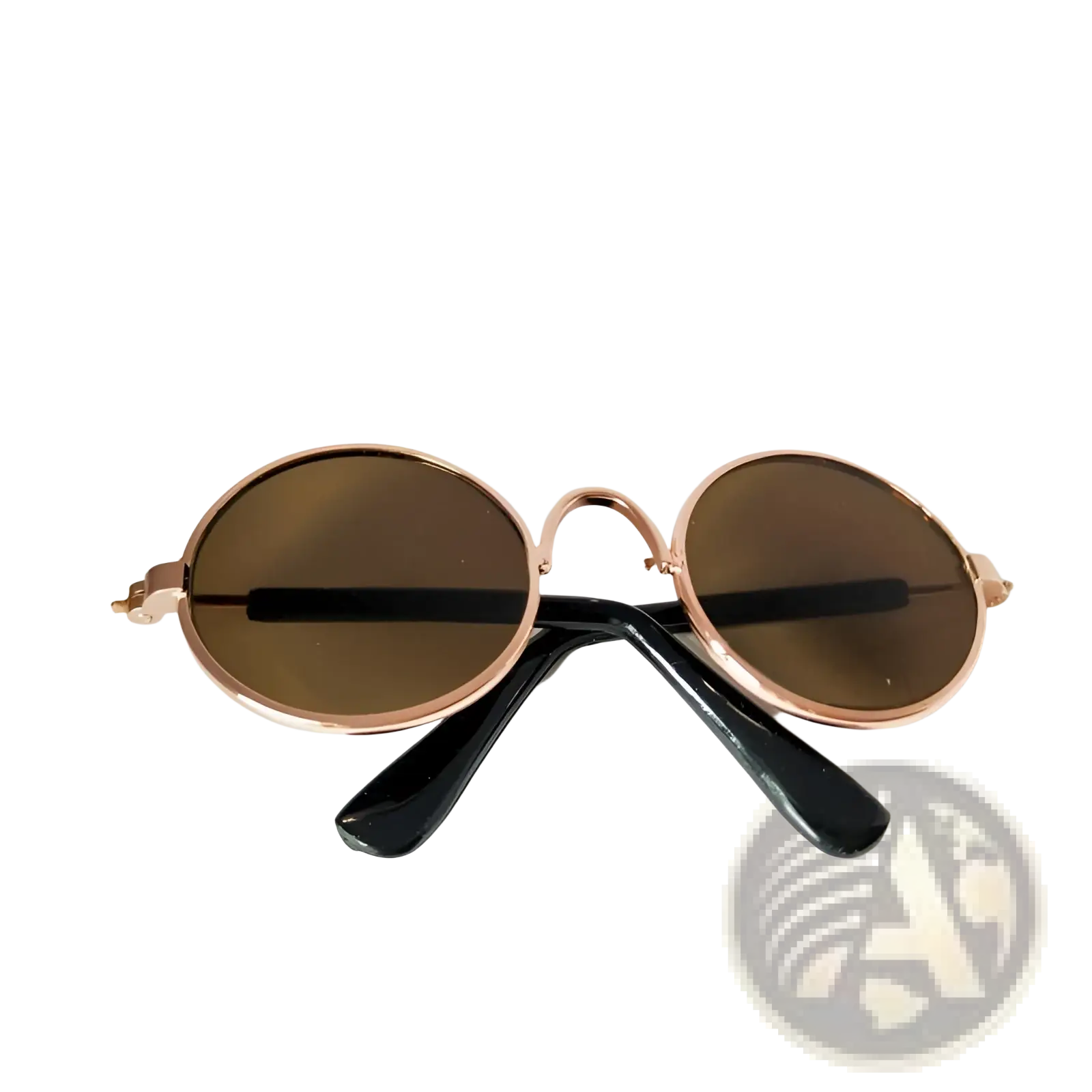 Rose gold metal round cat sunglasses with dark brown mirrored lenses and black temple arms