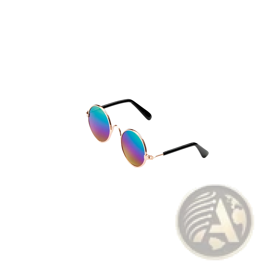 Rose gold metal round cat sunglasses with iridescent blue purple mirrored lenses and black temple arms