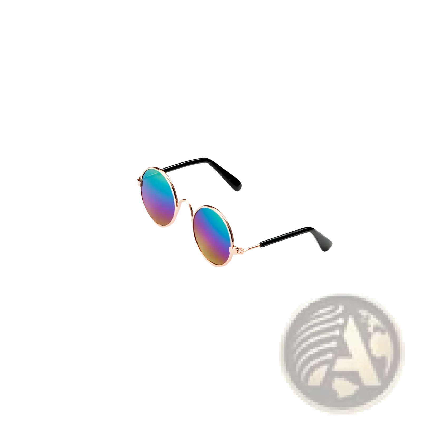 Rose gold metal round cat sunglasses with iridescent blue purple mirrored lenses and black temple arms