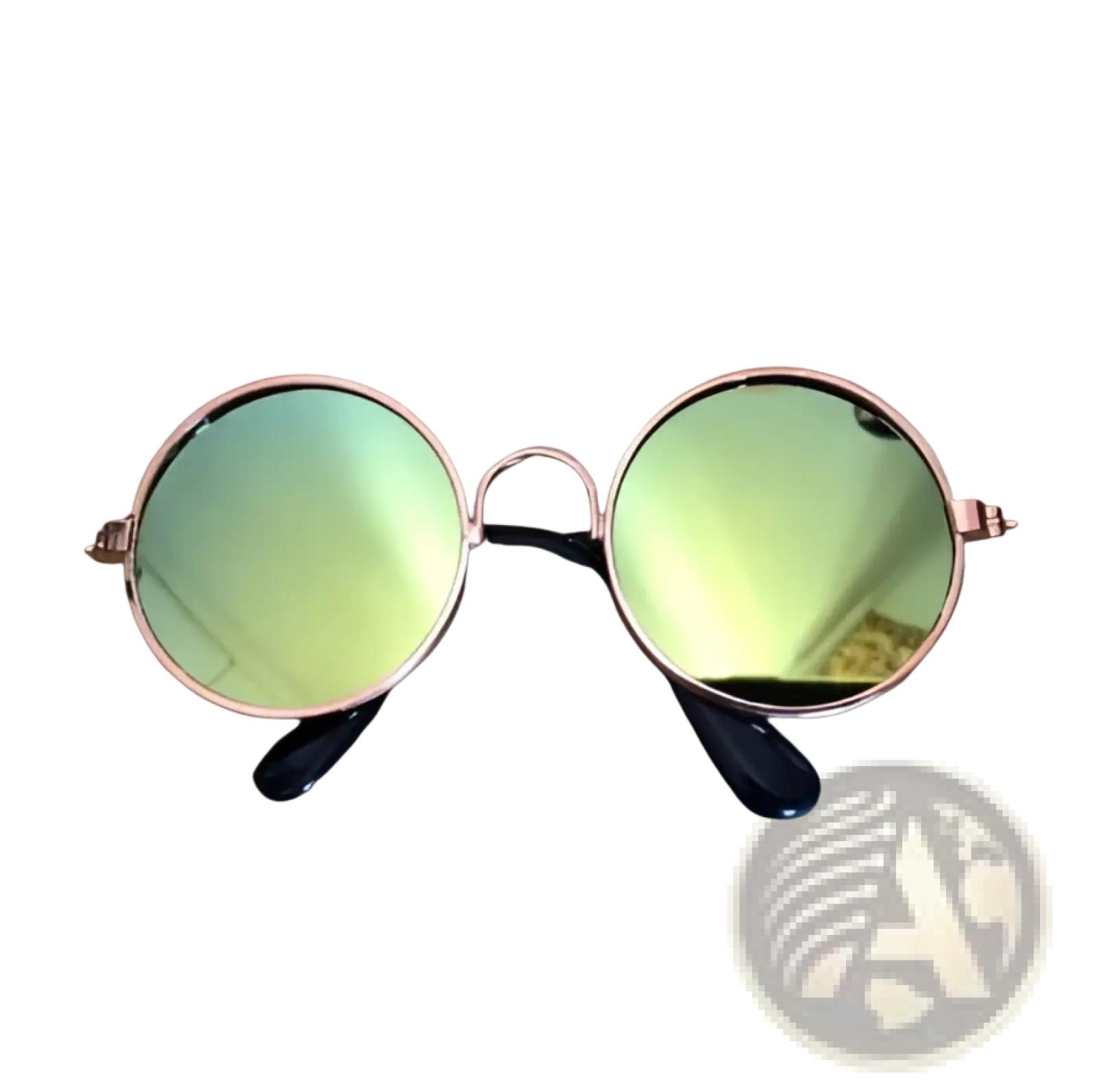 Rose gold metal round cat sunglasses with reflective green mirrored lenses and black temple arms