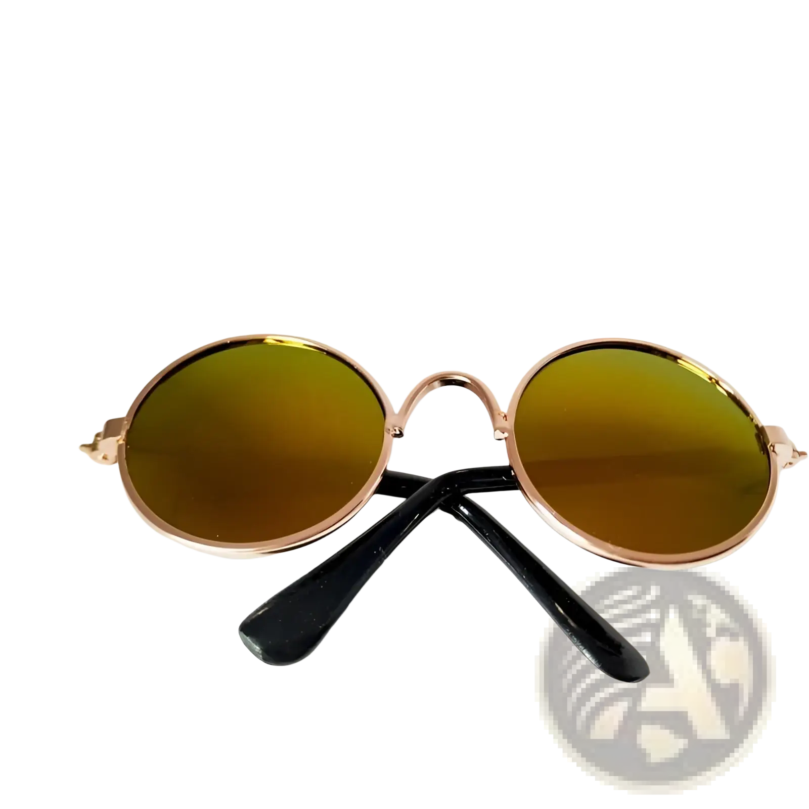 Rose gold metal round cat sunglasses with gradient green and brown mirrored lenses displayed front view