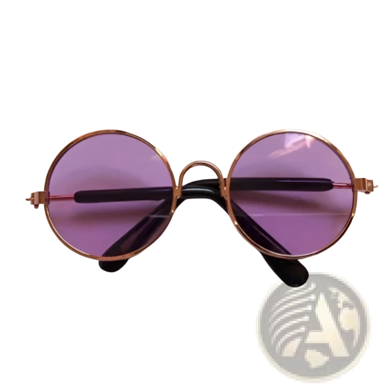 Rose gold metal round cat sunglasses with mirrored purple-tinted lenses and black temple arms