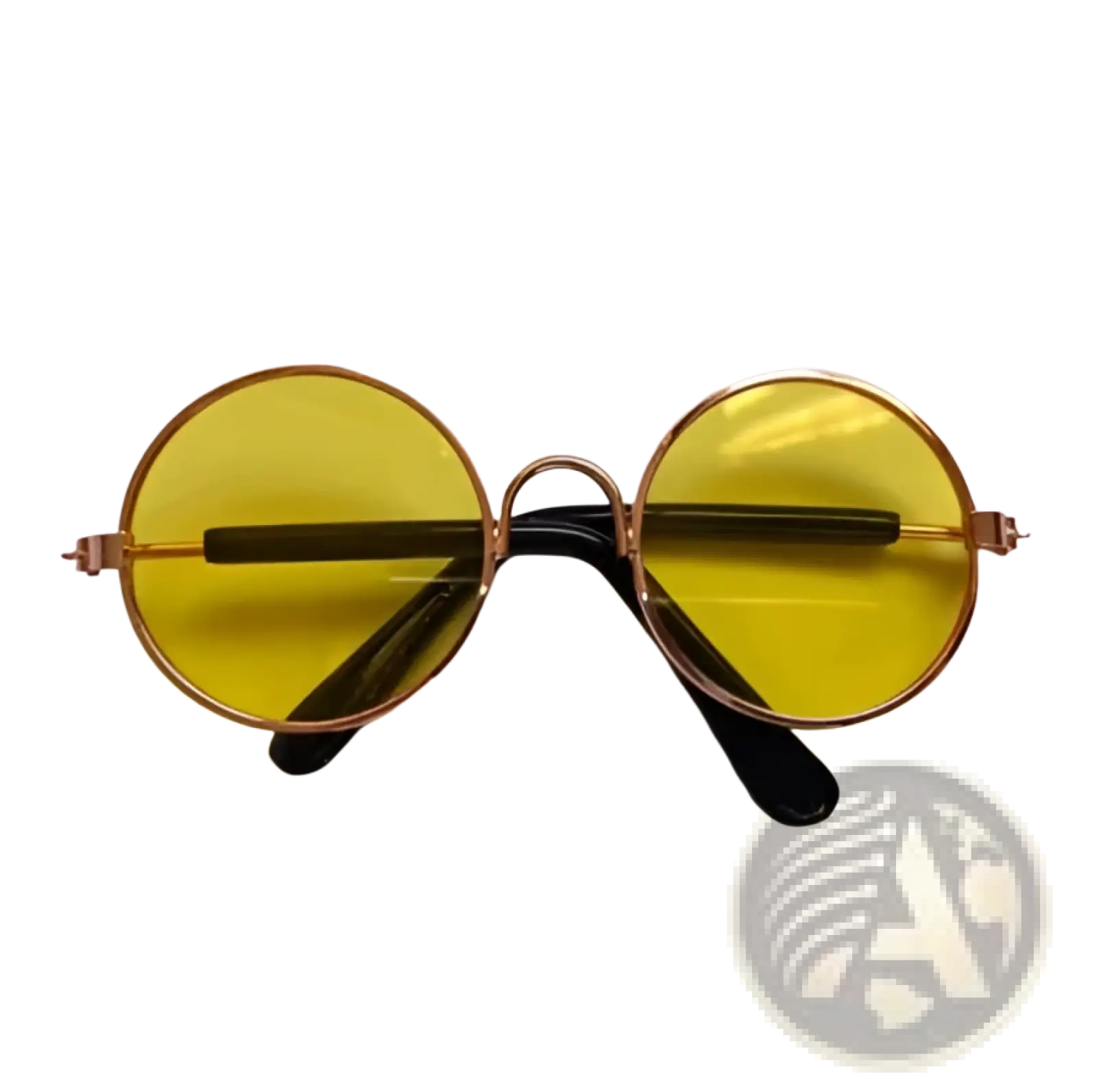 Rose gold metal round cat sunglasses with yellow tinted mirrored lenses and black temple arms