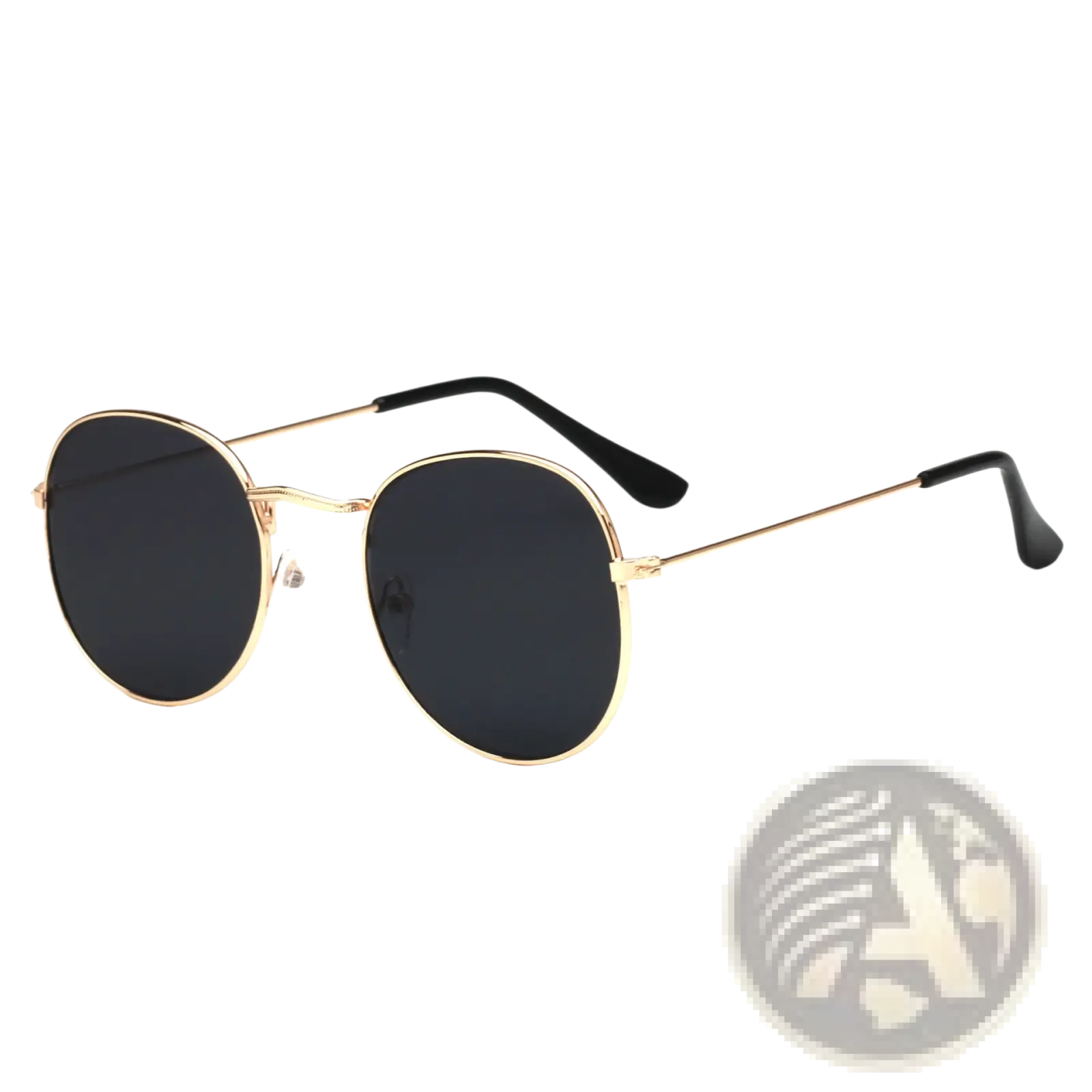 Rose gold round sunglasses with gold rims dark lenses and black temple tips from metallic aviator mirror lens set