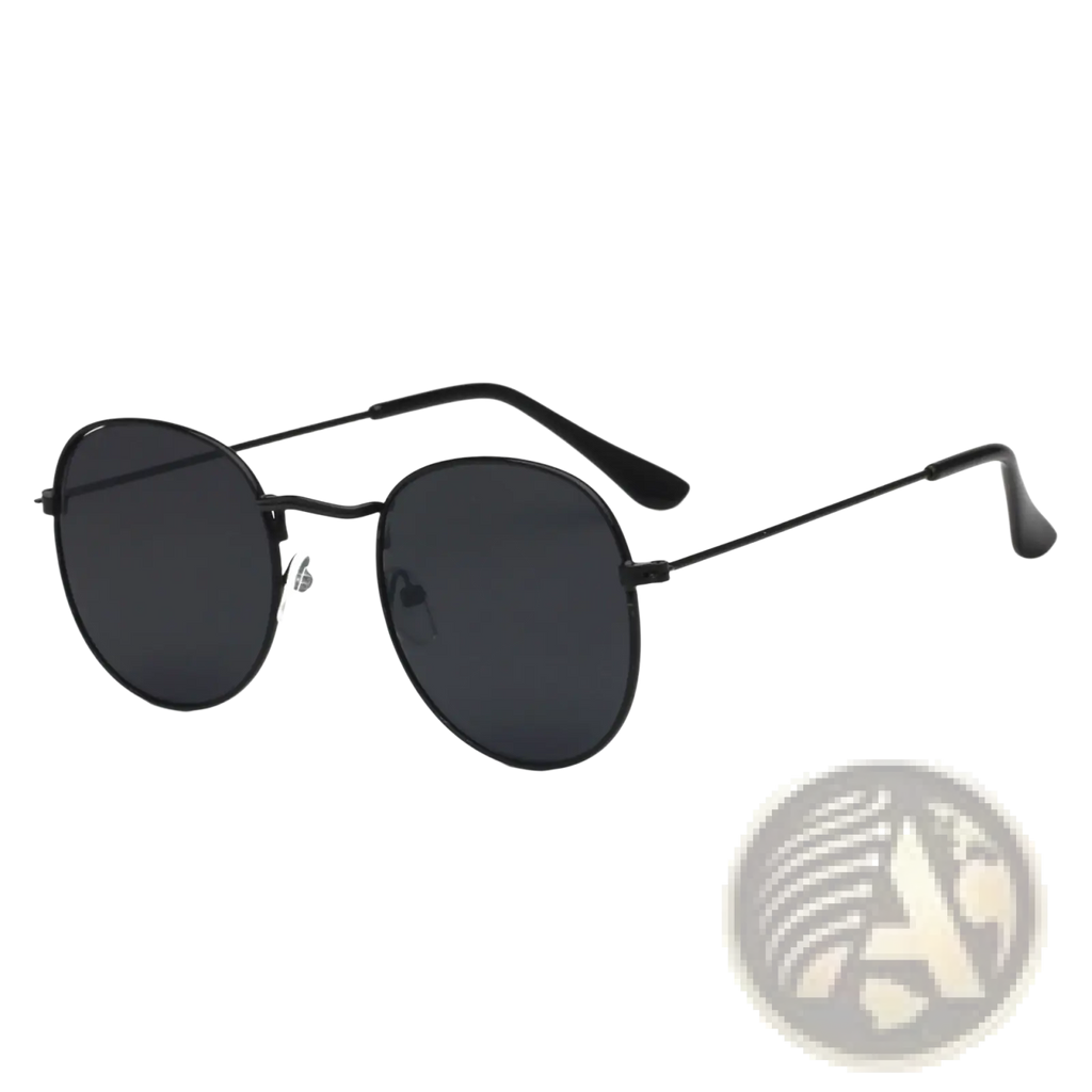 Black round-framed sunglasses with dark gray lenses and thin metal arms in rose gold and metallic aviator set