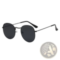 Black round-framed sunglasses with dark gray lenses and thin metal arms in rose gold and metallic aviator set