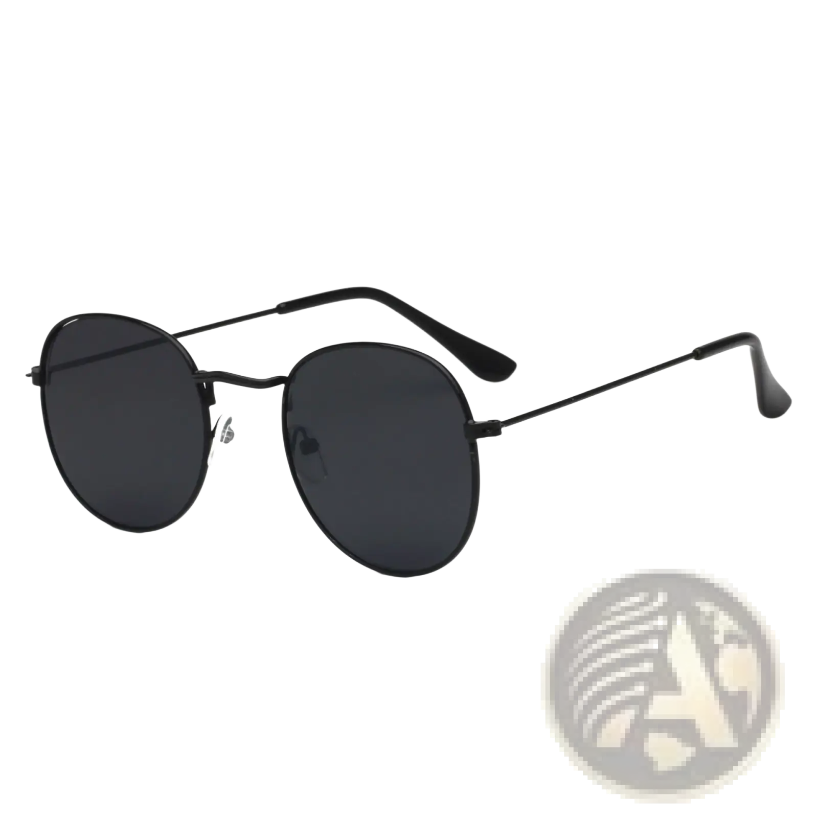 Black round-framed sunglasses with dark gray lenses and thin metal arms in rose gold and metallic aviator set