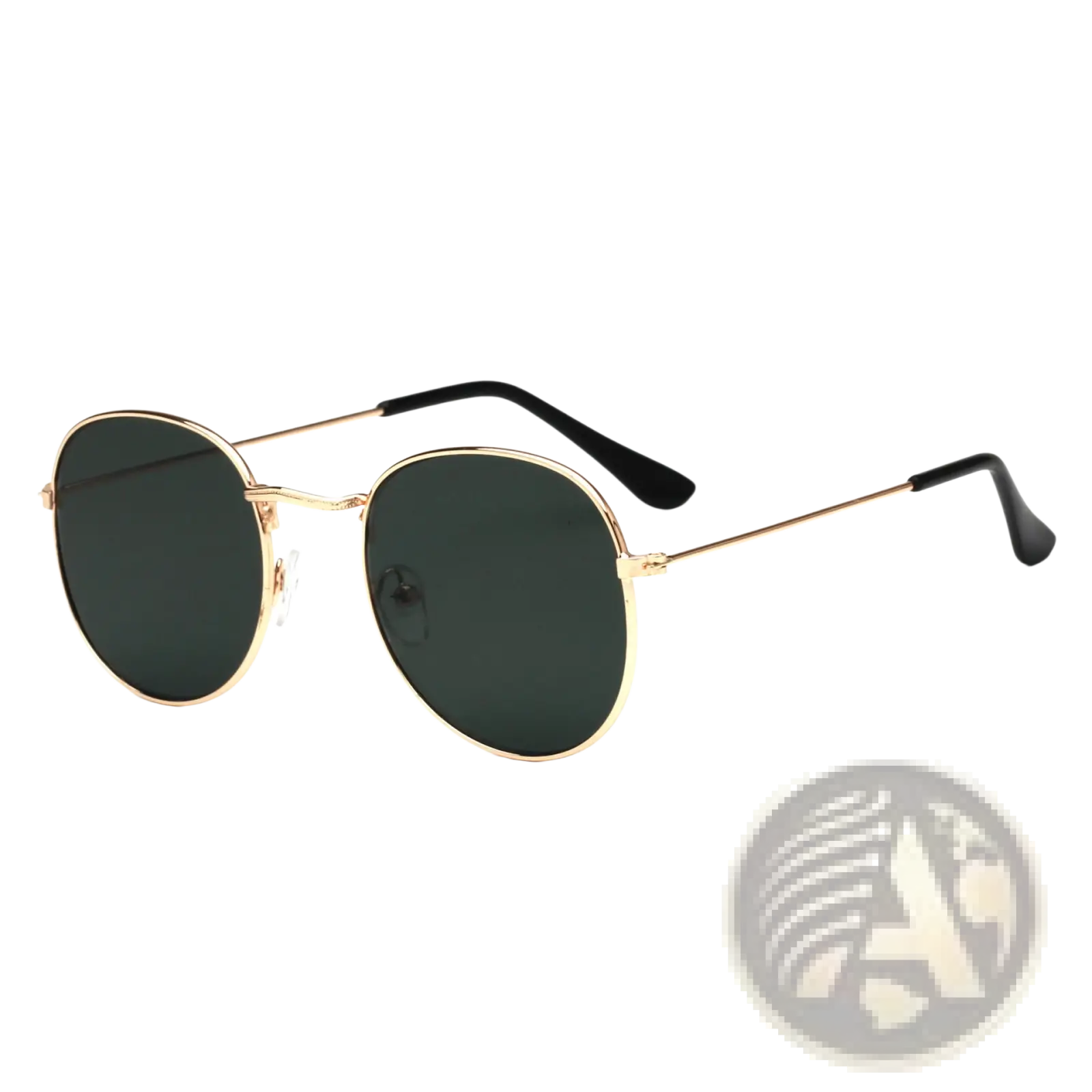 Rose gold aviator sunglasses with gold-rimmed round dark green lenses and black temple tips in a metallic mirror set