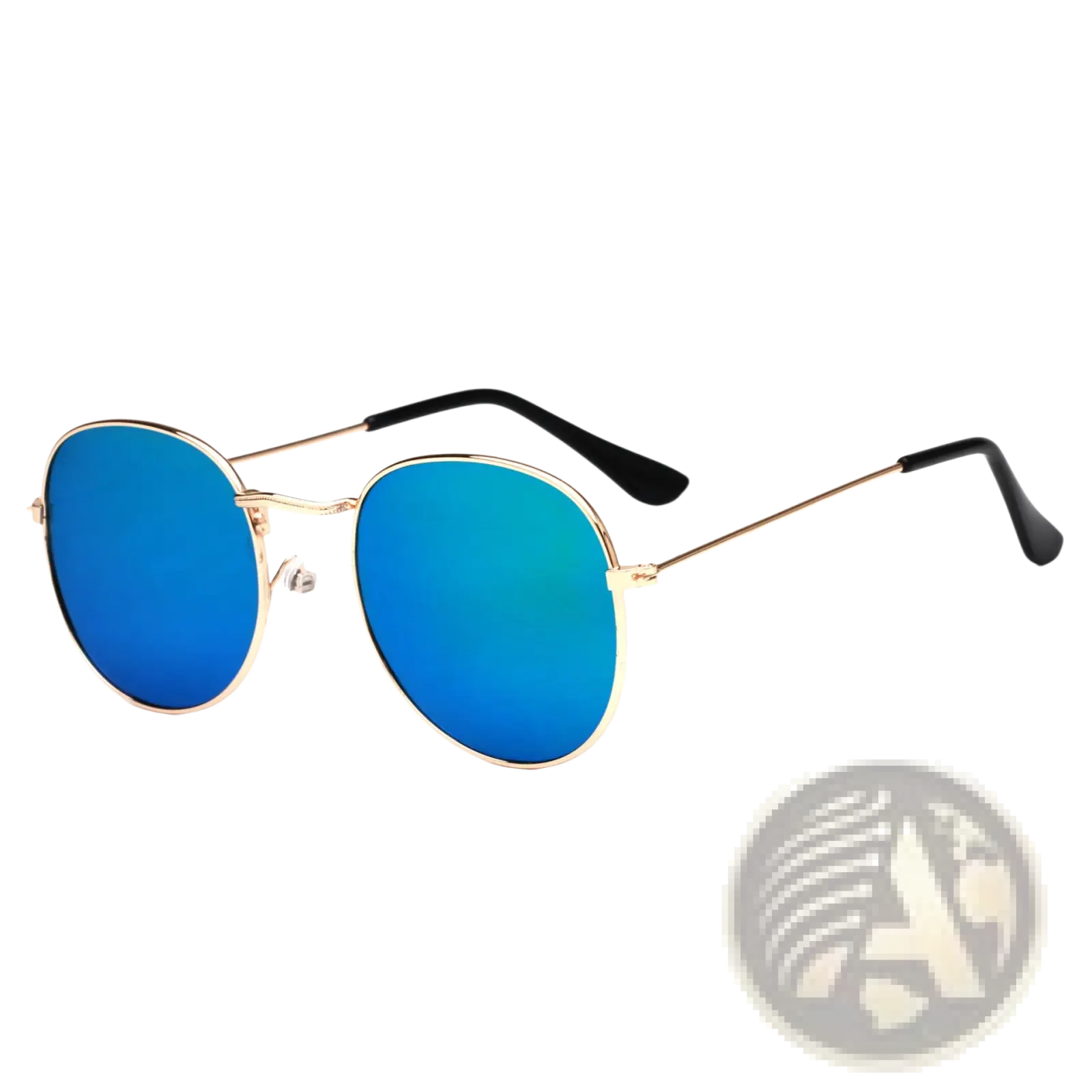 Rose gold aviator sunglasses with metallic gold rims and vibrant blue mirrored lenses with black temple tips