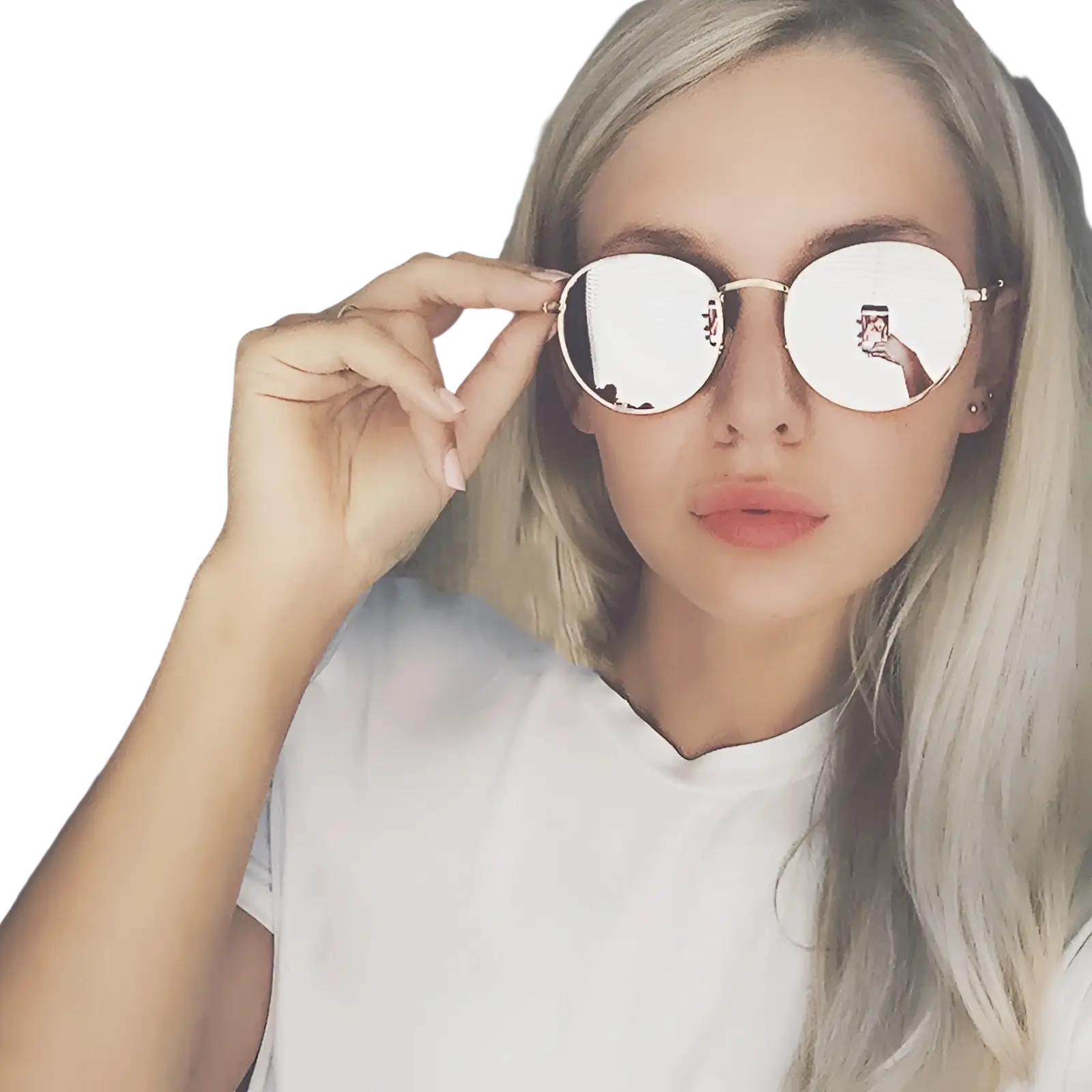 Round silver-framed sunglasses with reflective mirrored lenses in a rose gold and metallic aviator mirror lens set