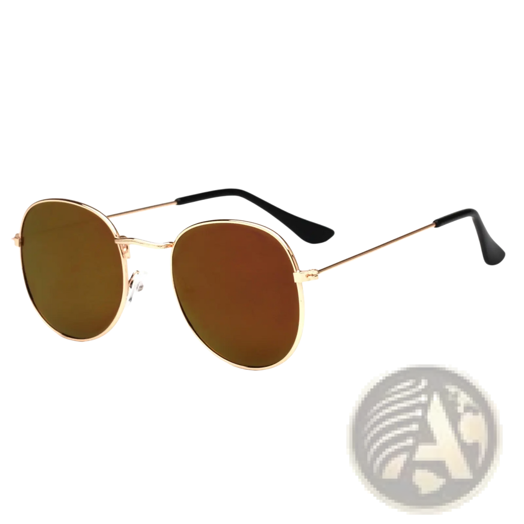 Rose gold and metallic aviator sunglasses with gold-rimmed frames brown mirrored lenses and black temple tips