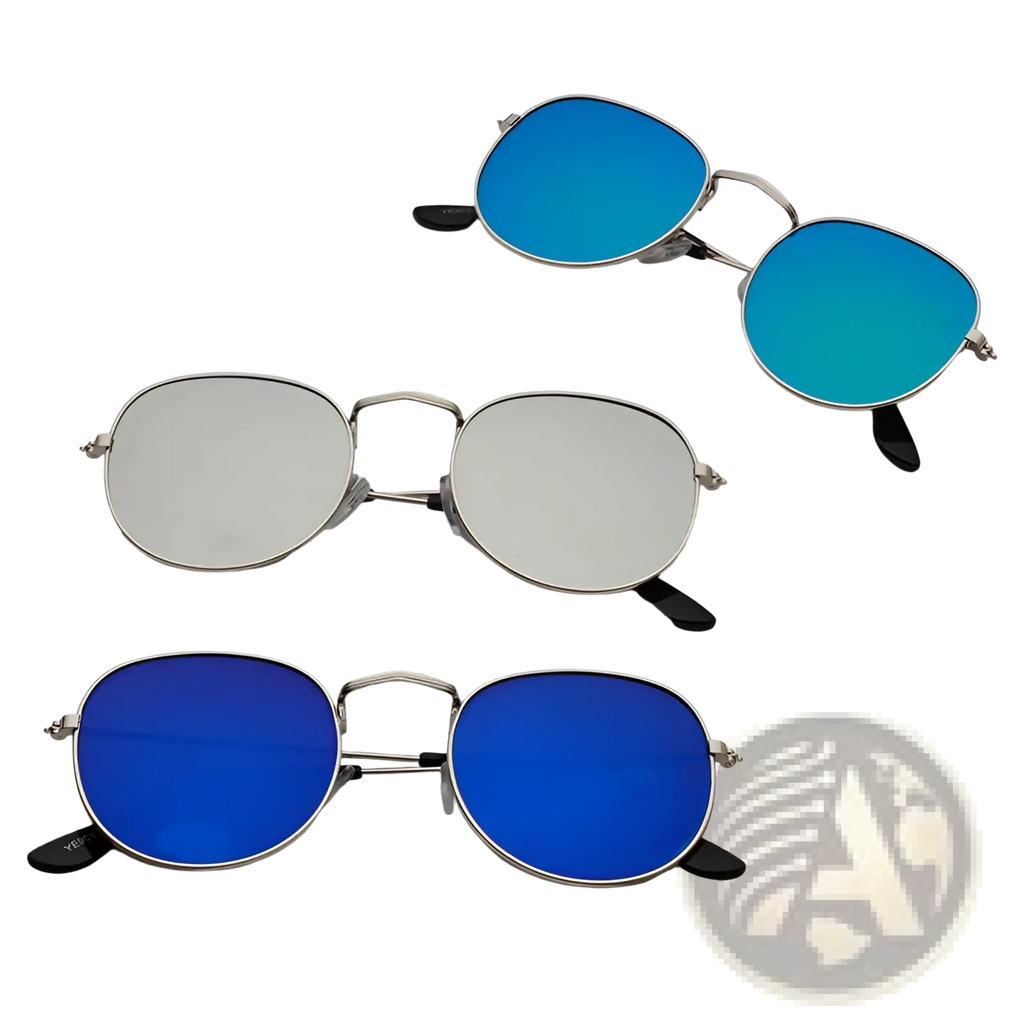 Set of three round-framed aviator sunglasses with blue and silver reflective lenses and black temple tips in rose gold design