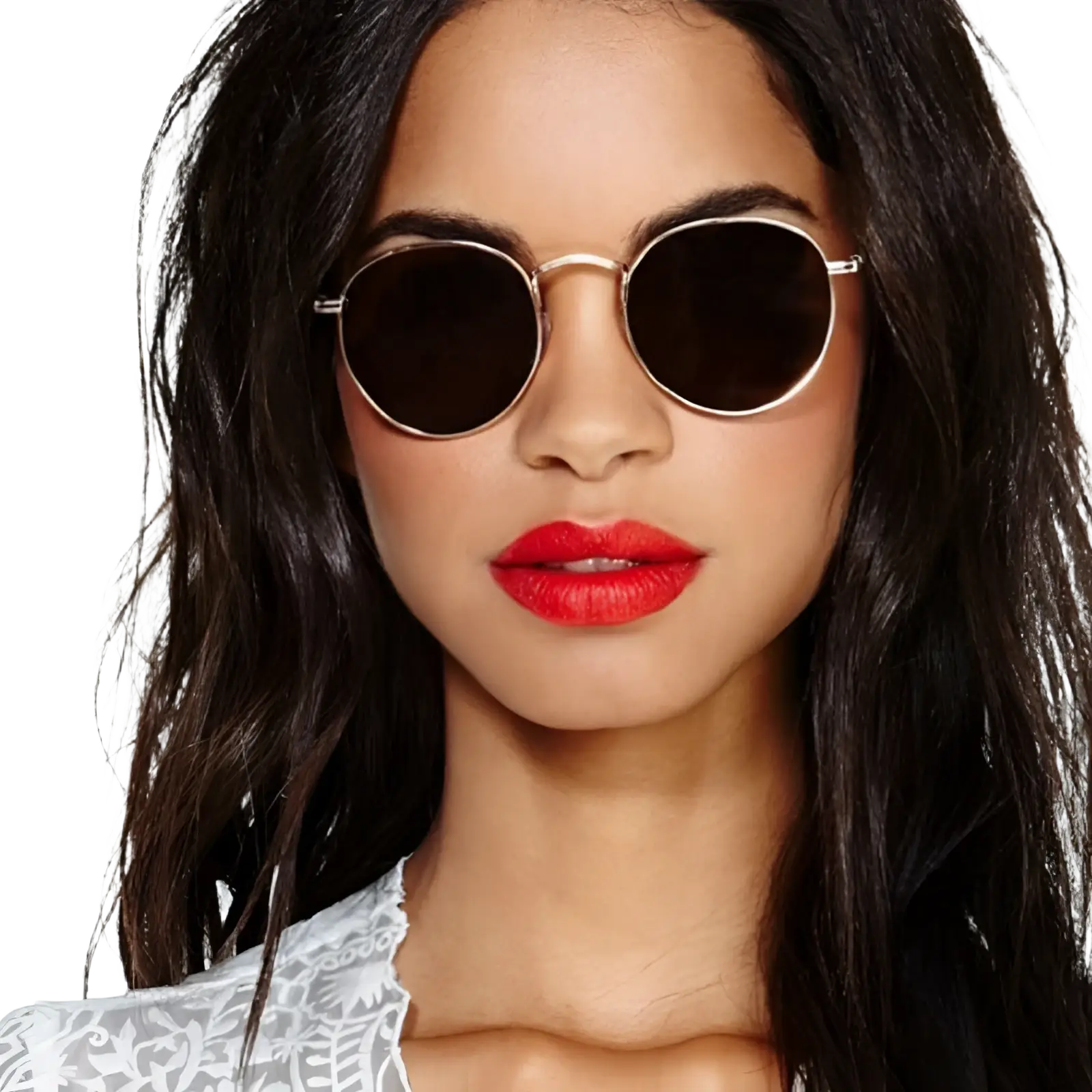 Round dark-tinted sunglasses with a thin metallic frame from the rose gold and metallic aviator mirror lens set