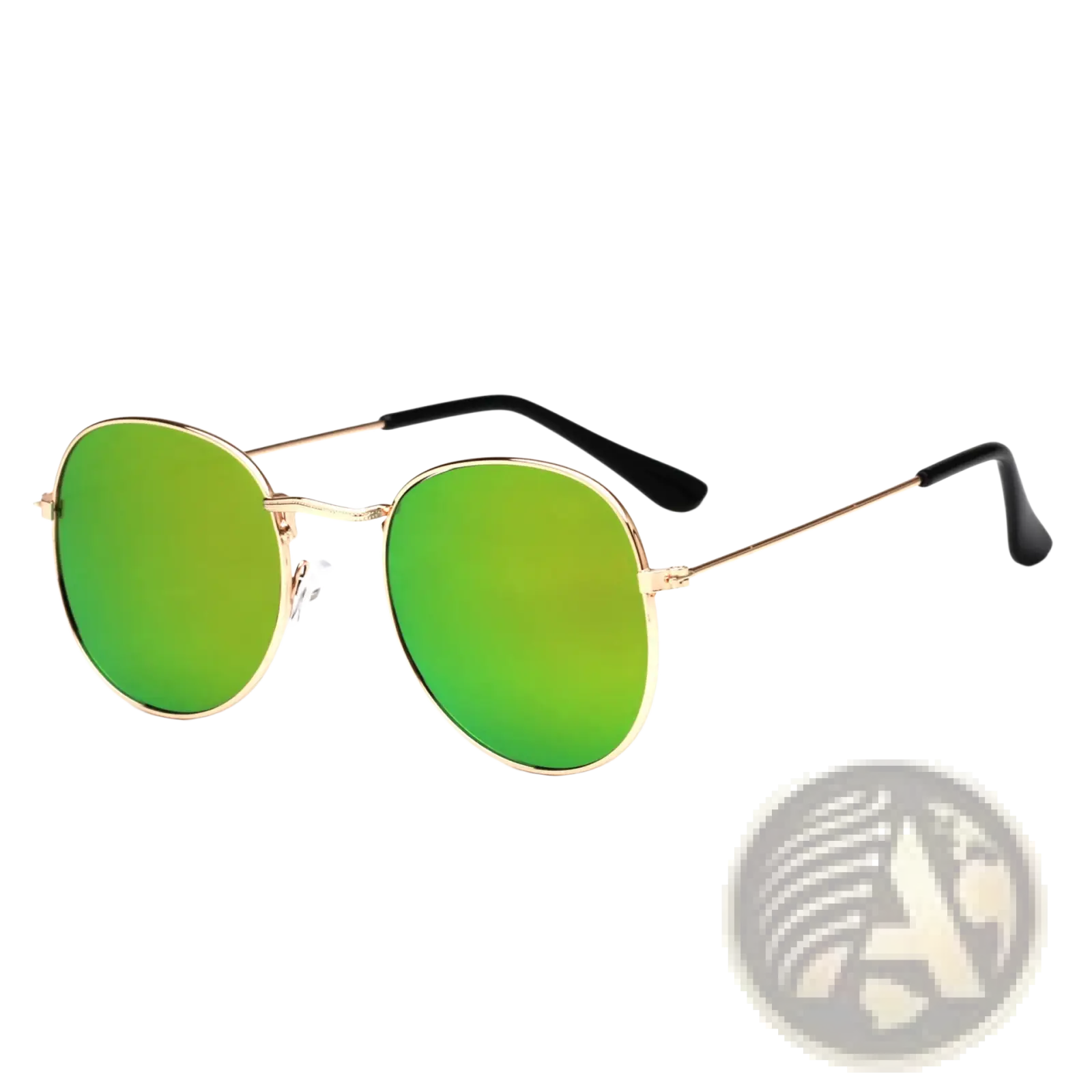 Rose gold and metallic aviator sunglasses with gold rim, vibrant green mirrored lenses, and black temple tips