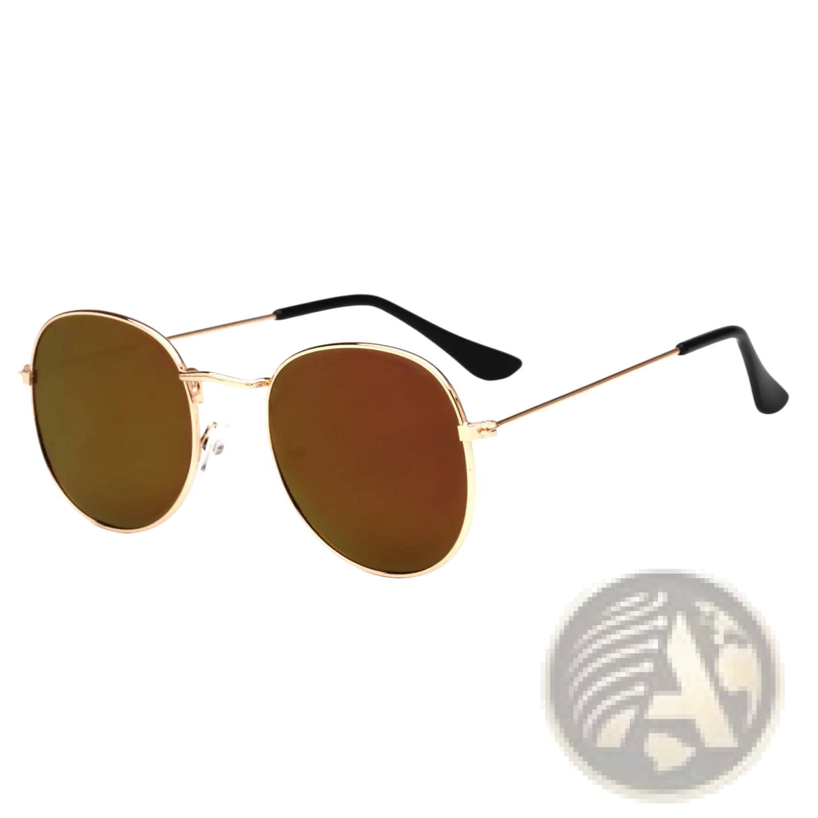 Rose gold metallic aviator sunglasses with gold-rimmed brown mirrored lenses and black temple tips