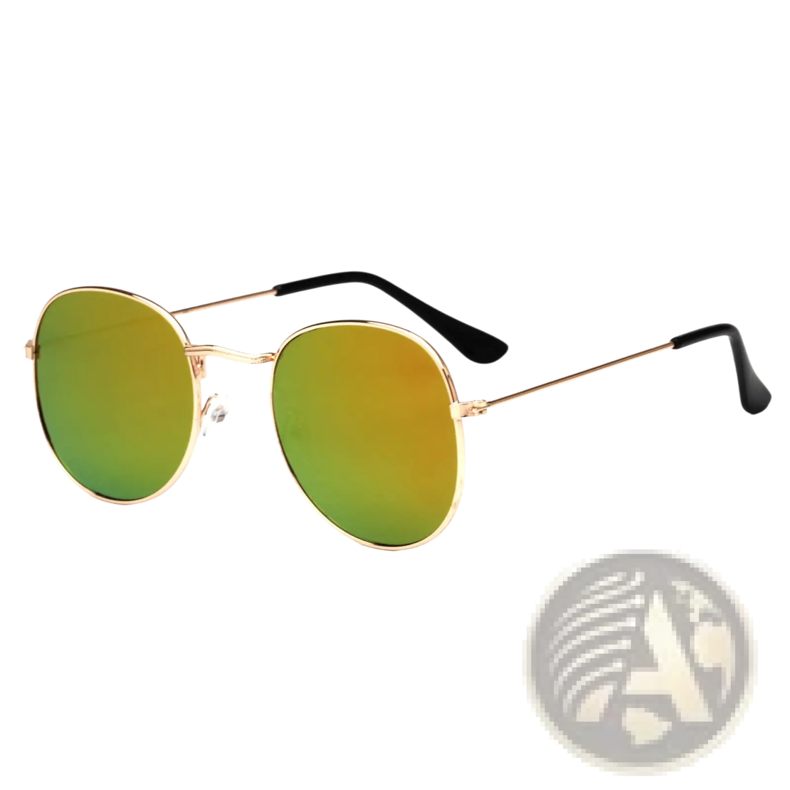 Rose gold metallic aviator sunglasses with gold rims, gradient green to orange mirrored lenses, and black temple tips