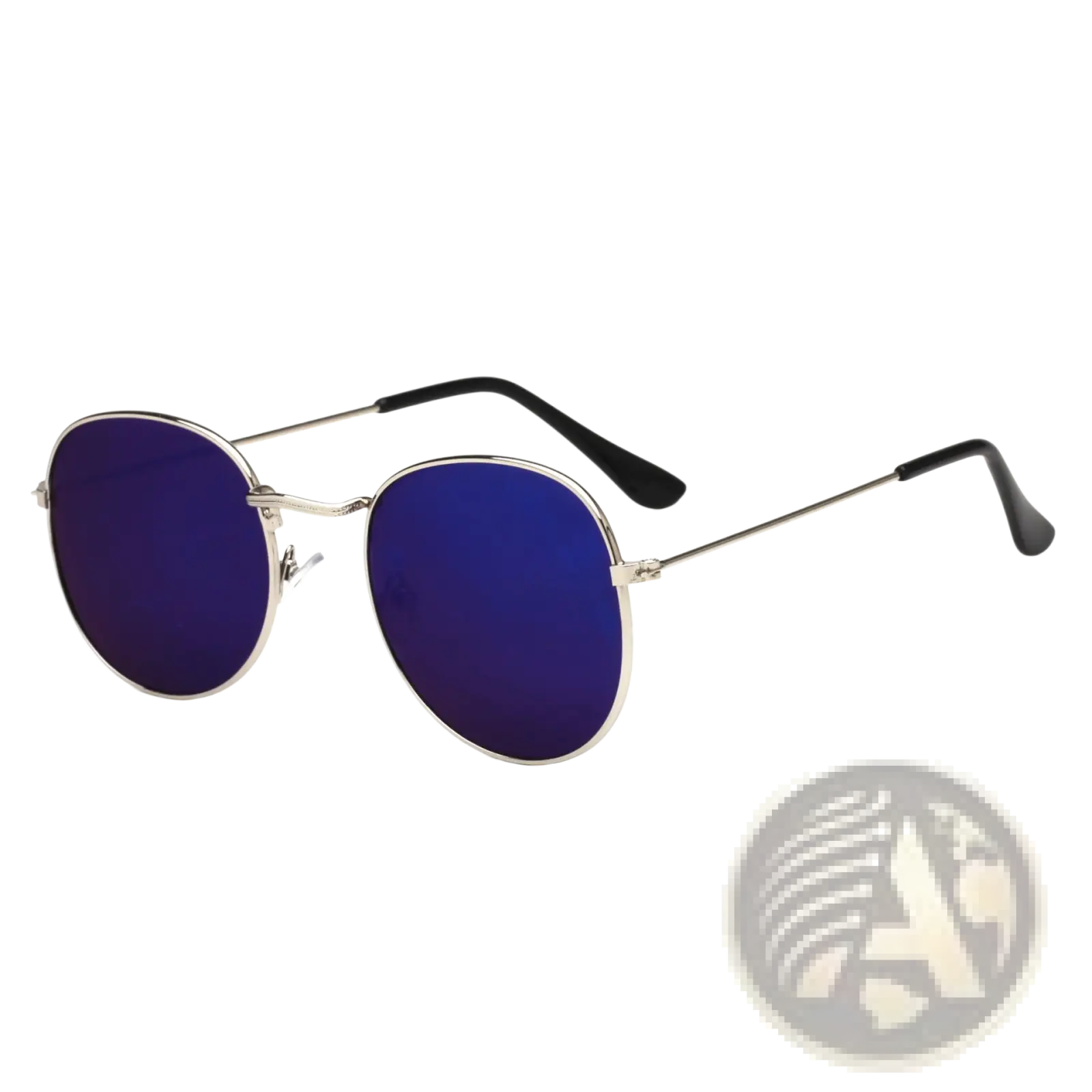 Silver-framed round sunglasses with deep blue mirrored lenses and black temple tips from rose gold aviator mirror lens set