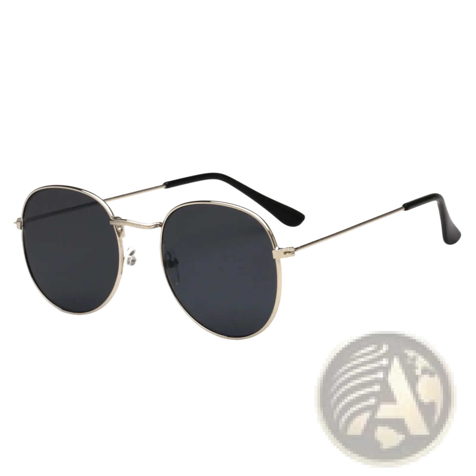 Round-framed sunglasses with metallic silver frame dark gray lenses and black temple tips from rose gold aviator set
