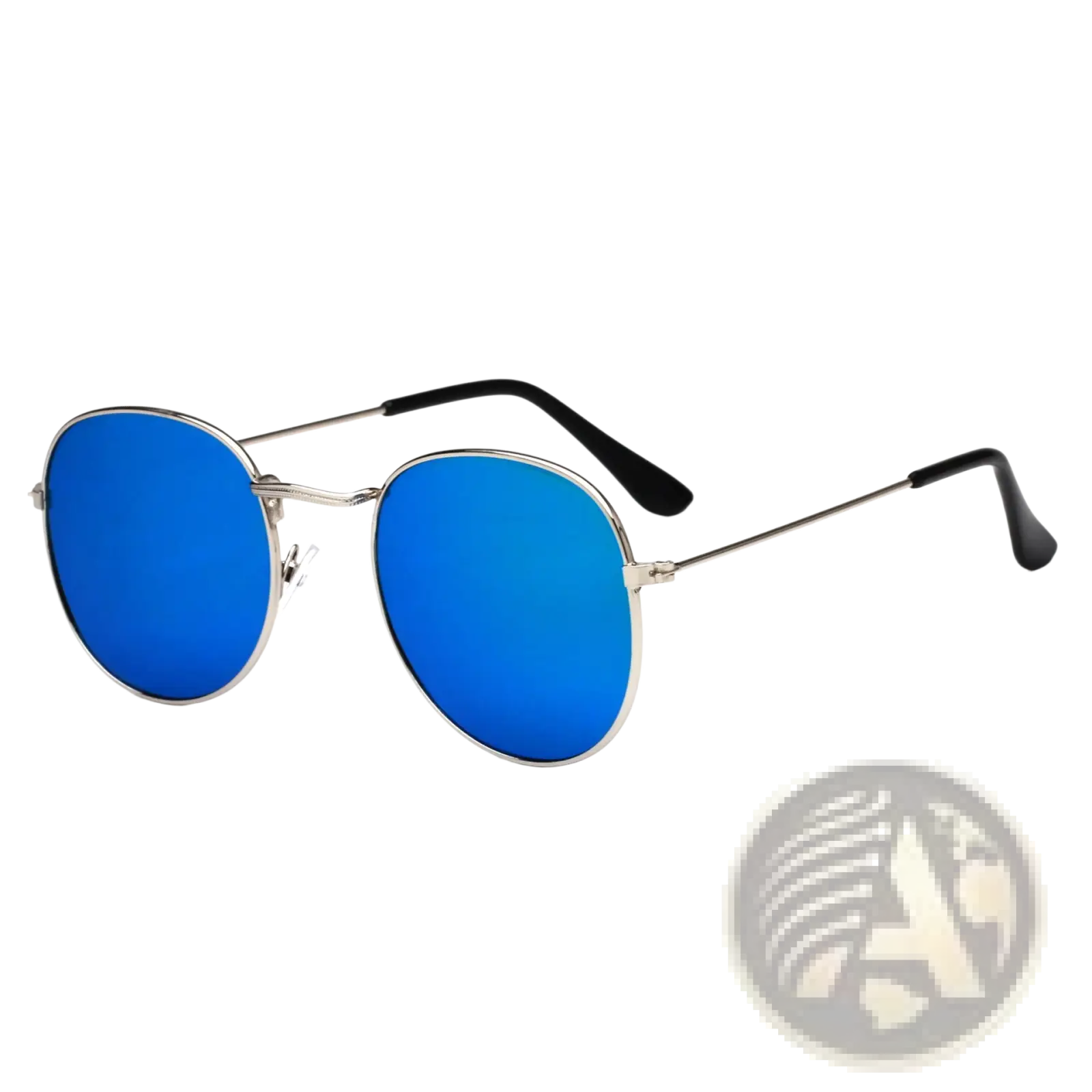 Silver-framed round sunglasses with vibrant blue mirrored lenses and black temple tips in rose gold aviator set