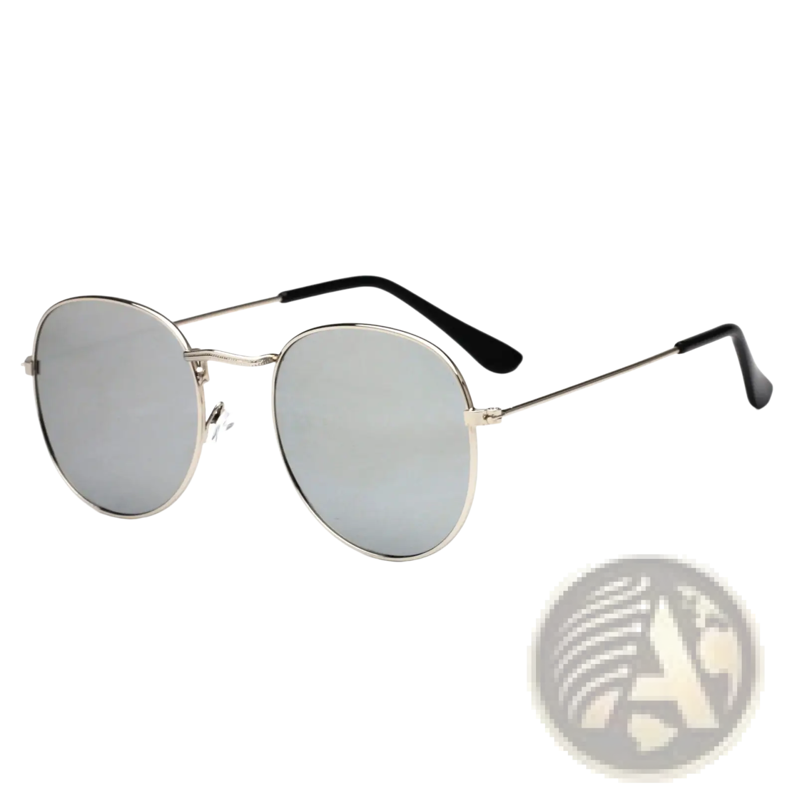 Silver-framed round sunglasses with mirrored gray lenses and black temple tips from rose gold aviator set