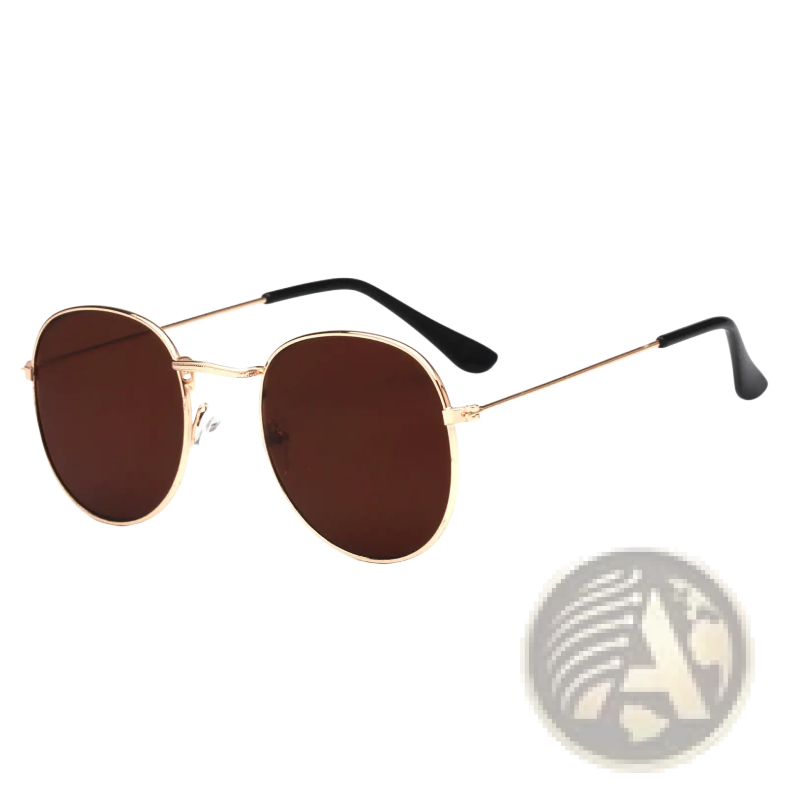 Rose gold round sunglasses with gold rims, dark brown lenses, and black temple tips from metallic aviator mirror lens set
