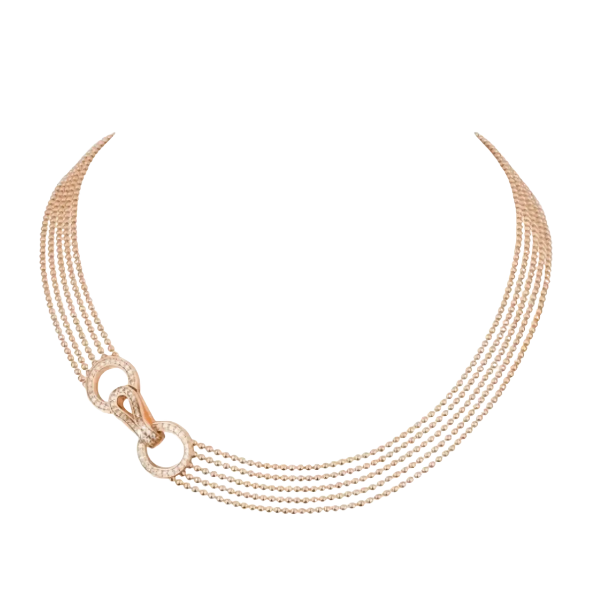 Rose gold multi strand zircon necklace with four delicate beaded strands and a central diamond encrusted clasp