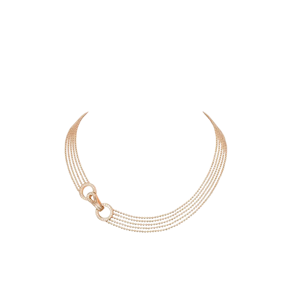 Rose gold multi strand zircon necklace with four delicate beaded strands and a diamond-adorned central clasp