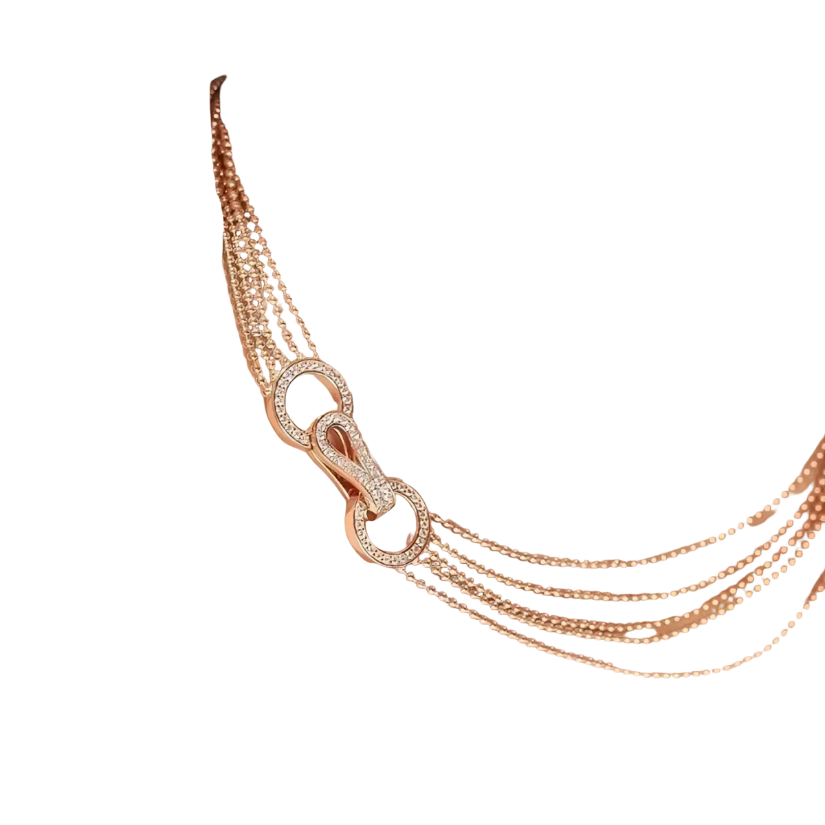 Rose gold multi strand zircon necklace with a central interlocking ring design featuring clear sparkling stones