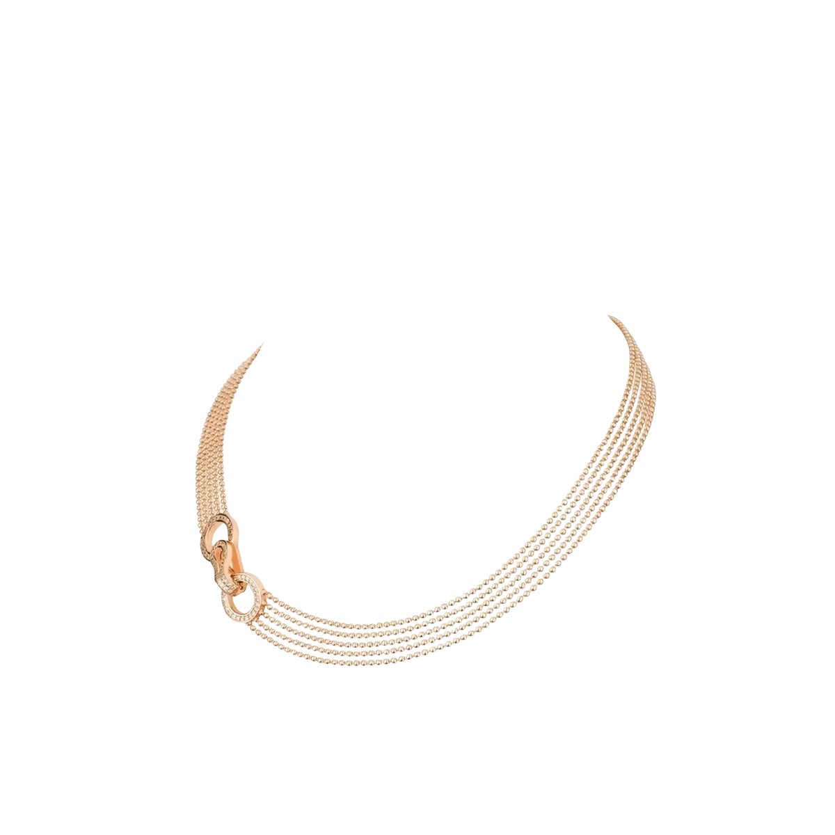 A rose gold multi strand zircon necklace with four fine beaded strands and an interlocking diamond clasp