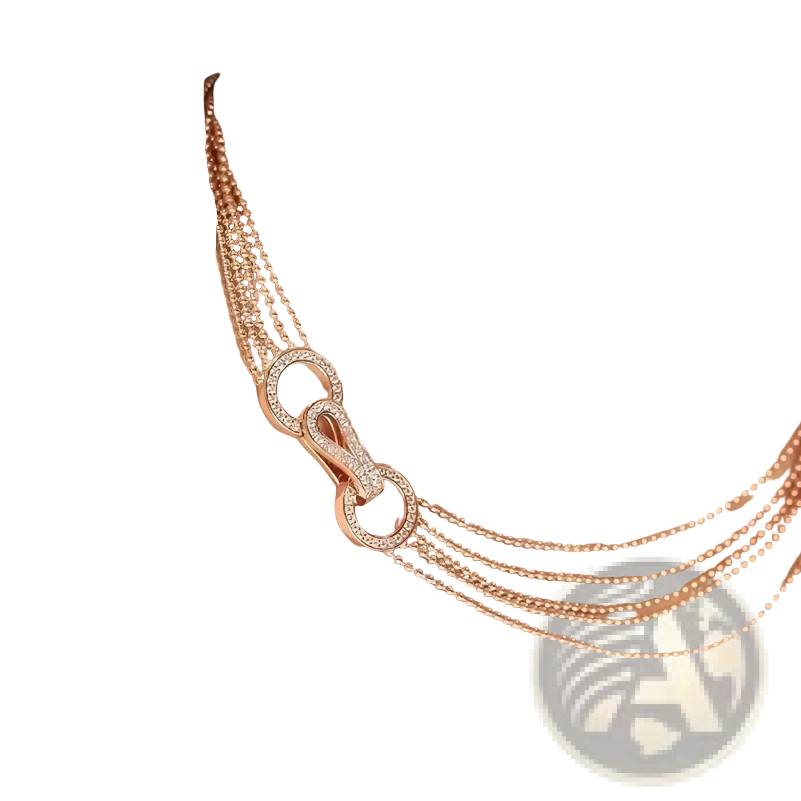 Rose gold multi strand zircon necklace with a central interlocking ring design featuring clear sparkling stones