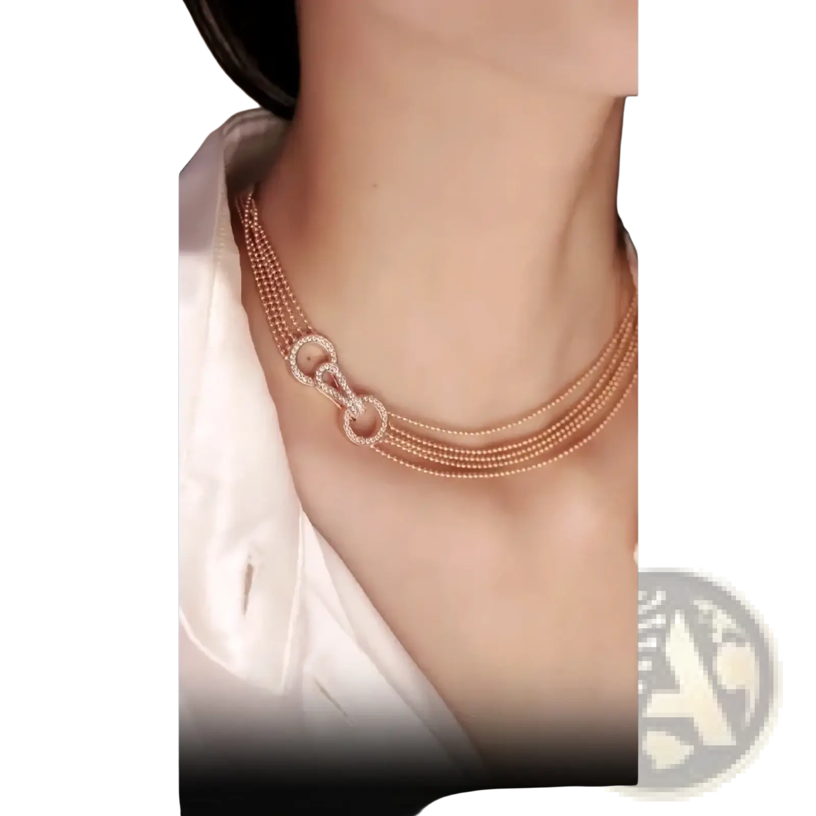 Rose gold multi strand zircon necklace featuring delicate beaded chains and a central diamond encrusted clasp