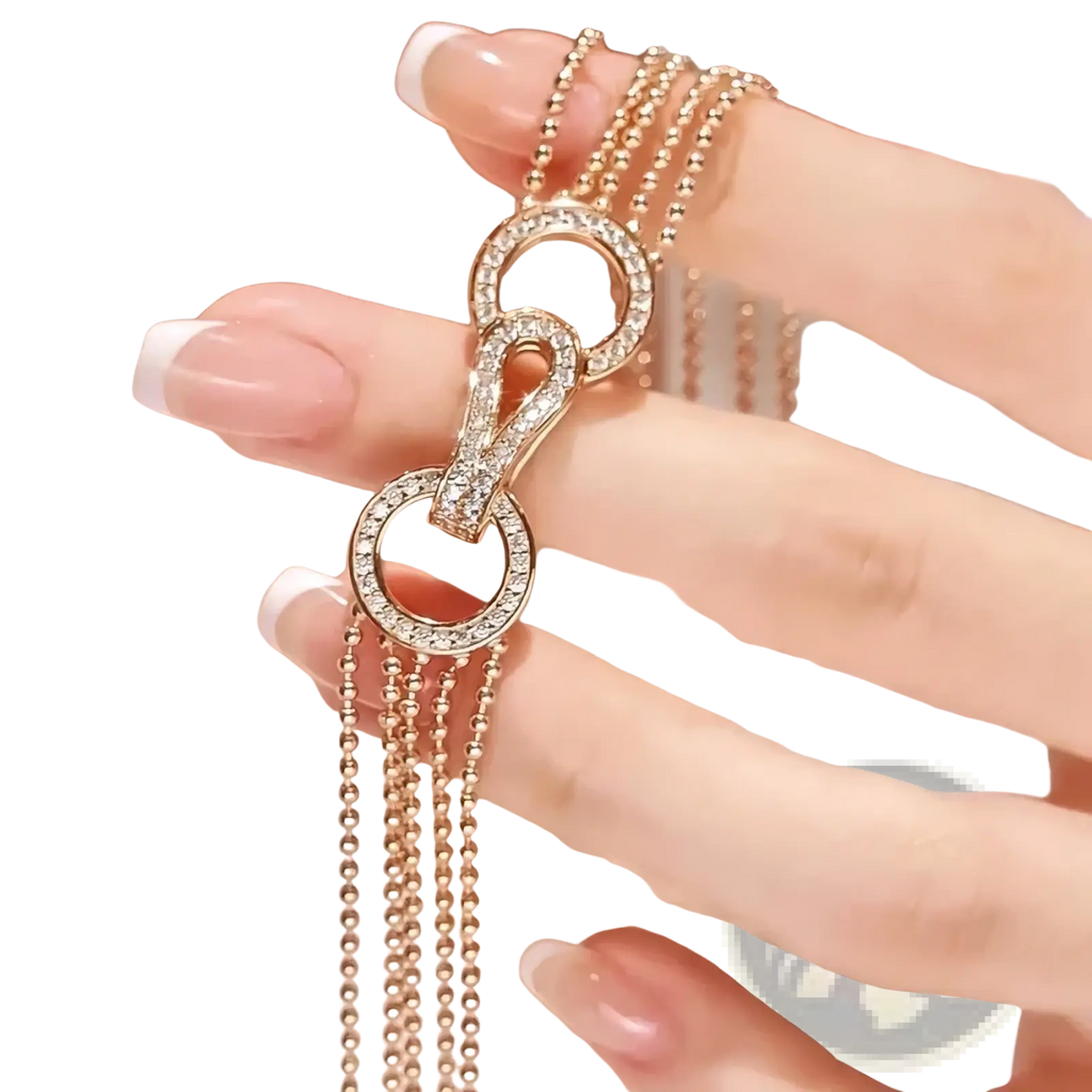 Rose gold multi strand zircon necklace with a delicate chain and a diamond adorned infinity symbol clasp