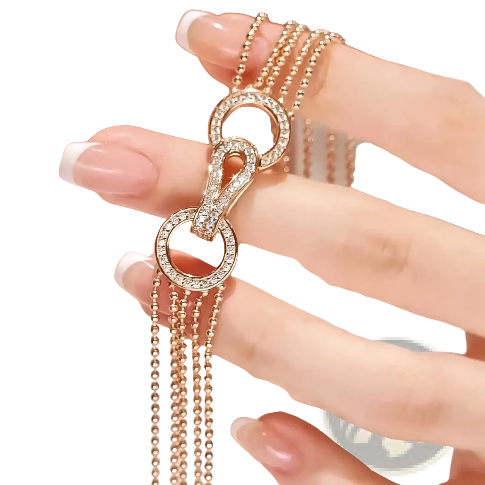 Rose gold multi strand zircon necklace with a delicate chain and a diamond adorned infinity symbol clasp