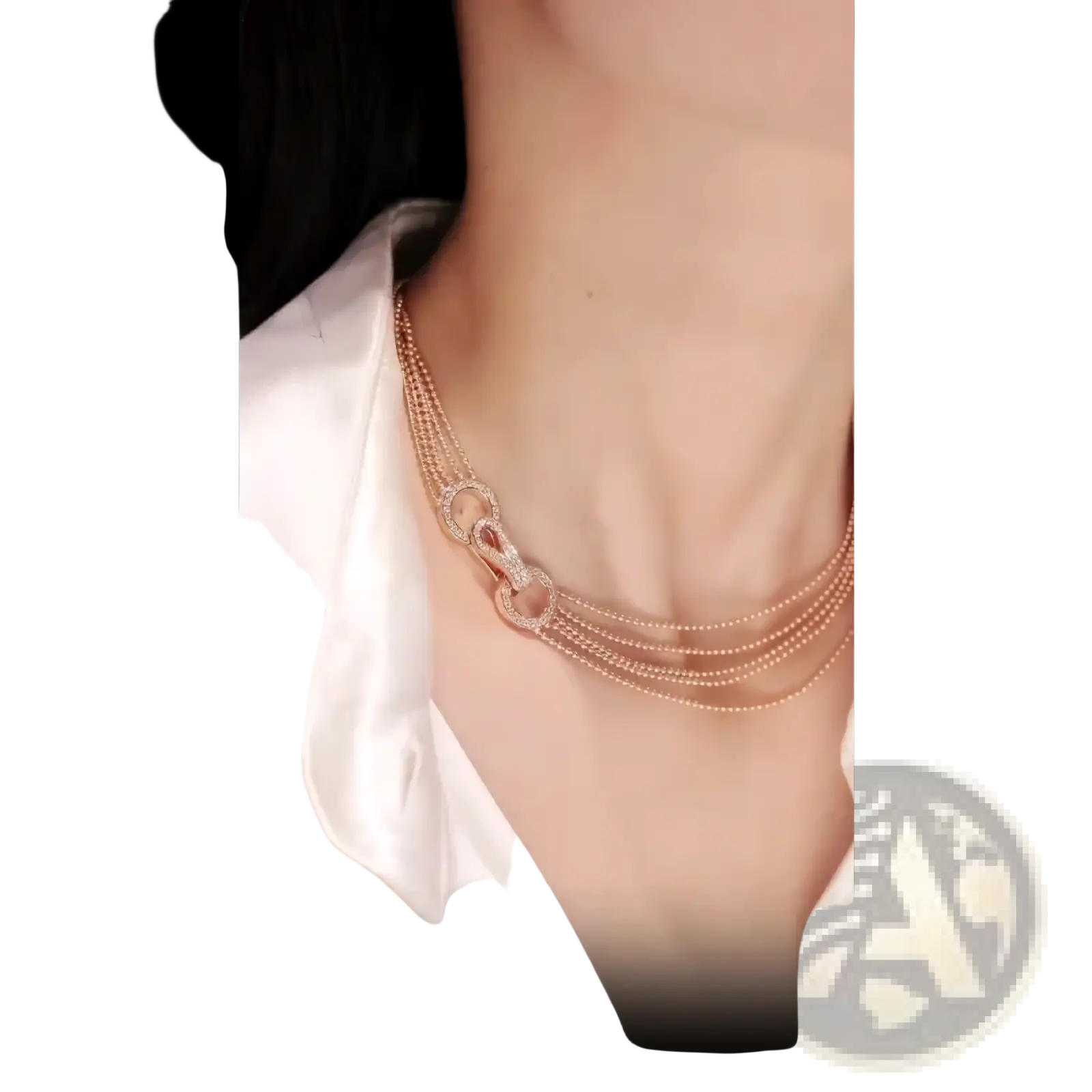 Rose gold multi strand zircon necklace with delicate thin chains and a central diamond encrusted clasp design