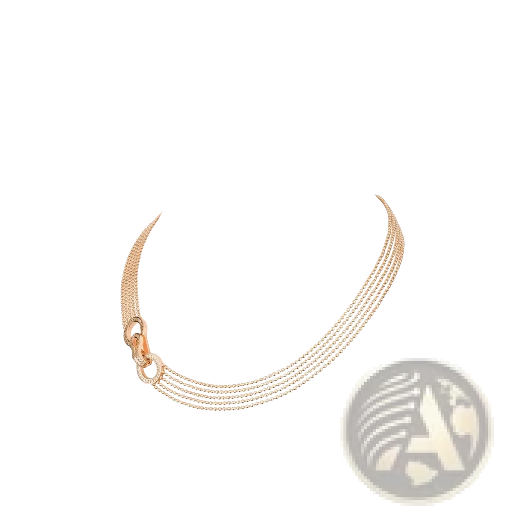 A rose gold multi strand zircon necklace with four fine beaded strands and an interlocking diamond clasp