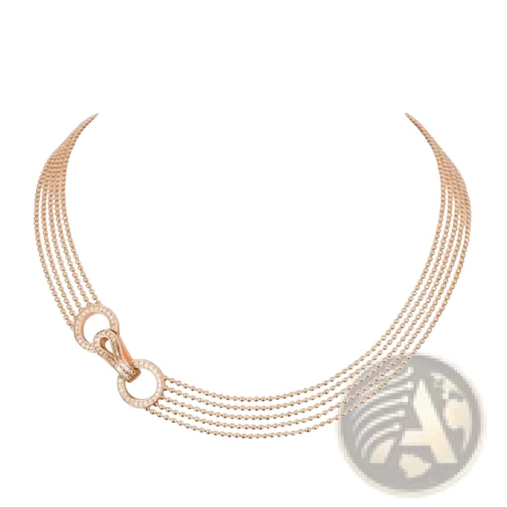Rose gold multi strand zircon necklace with four delicate beaded strands and a central diamond encrusted clasp
