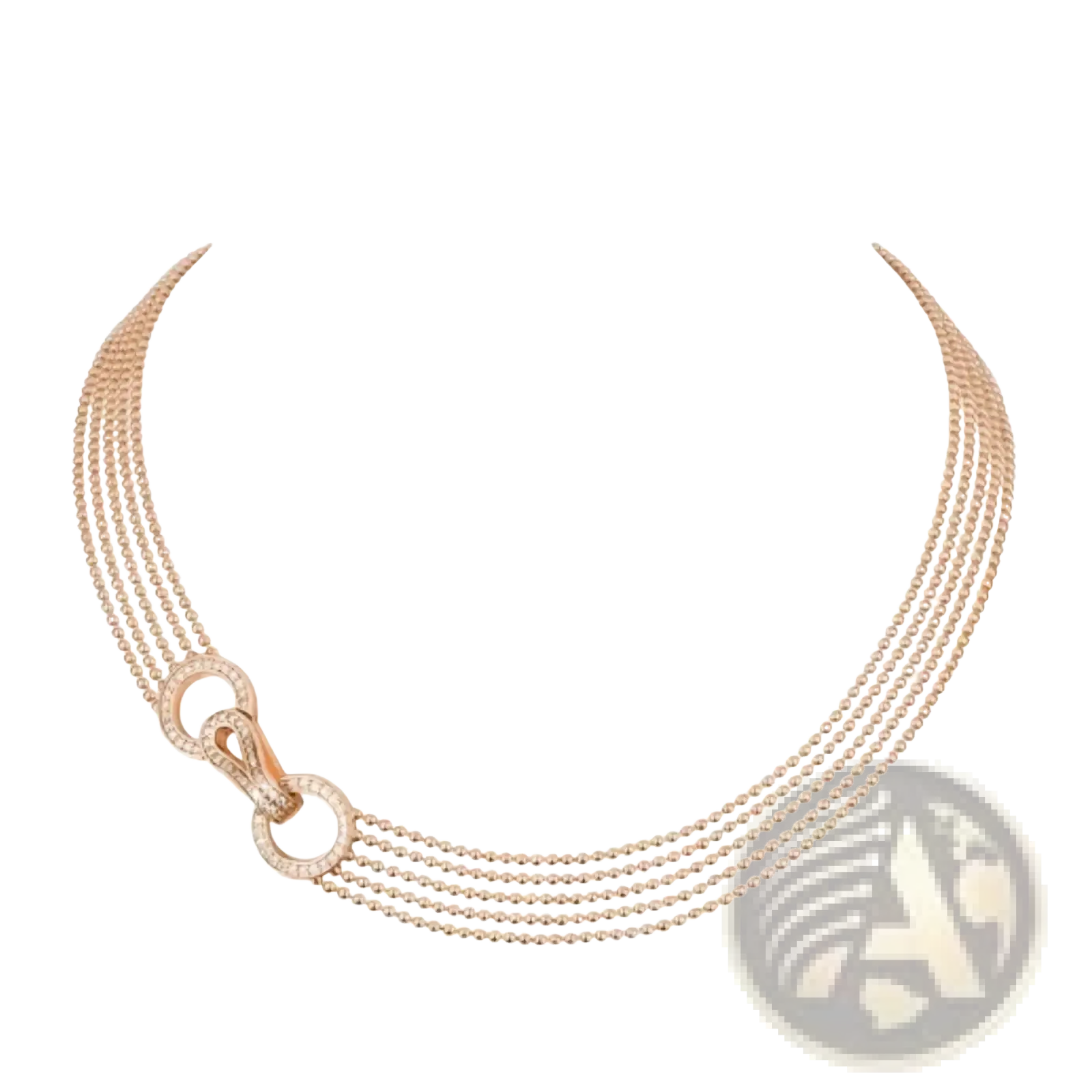 Rose gold multi strand zircon necklace with four delicate beaded strands and a central diamond encrusted clasp