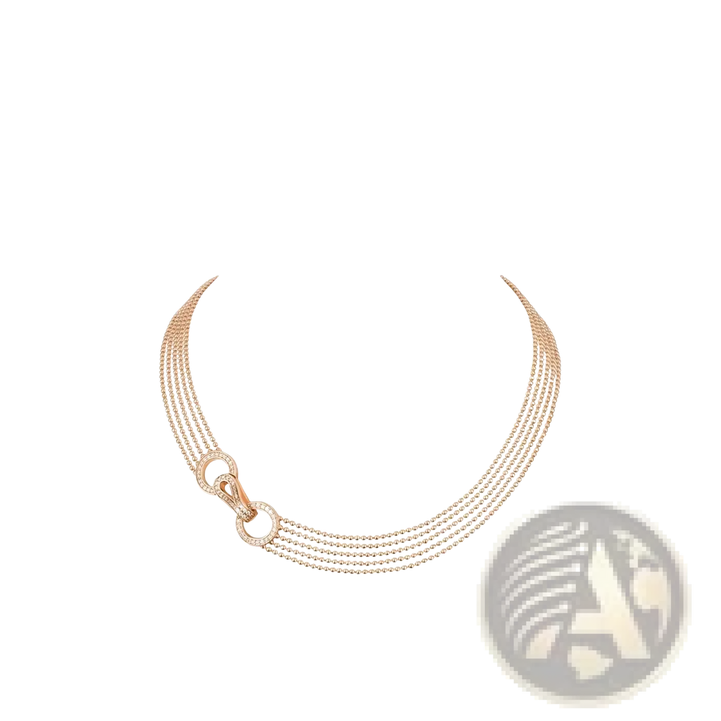 Rose gold multi strand zircon necklace with four delicate beaded strands and a diamond-adorned central clasp