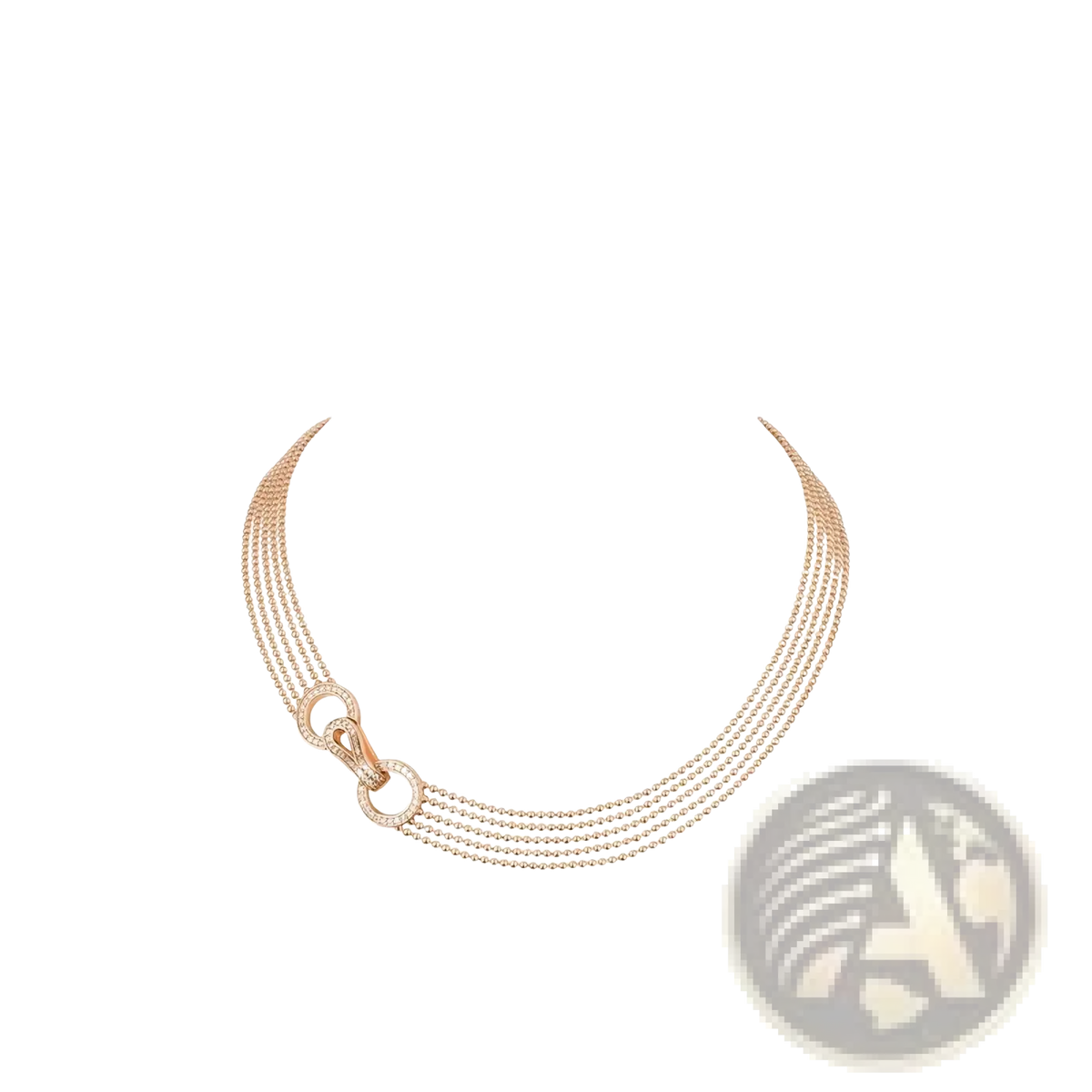 Rose gold multi strand zircon necklace with four delicate beaded strands and a diamond-adorned central clasp